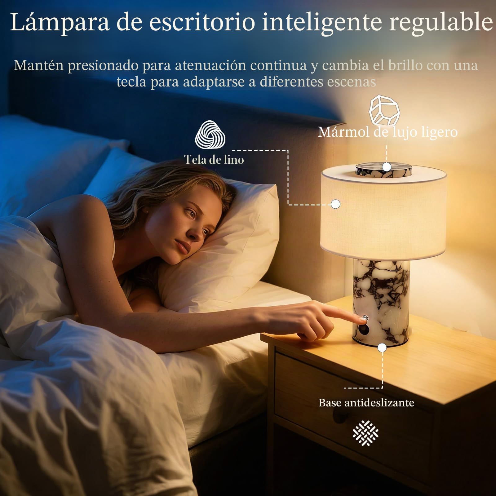 Lámpara de mesa de mármol regulable al tacto, luz nocturna de mármol de piedra recargable con pantallas de lámpara de lino de alta gama, forma cilíndrica para mejoras en el hogar #03 Travertine Style