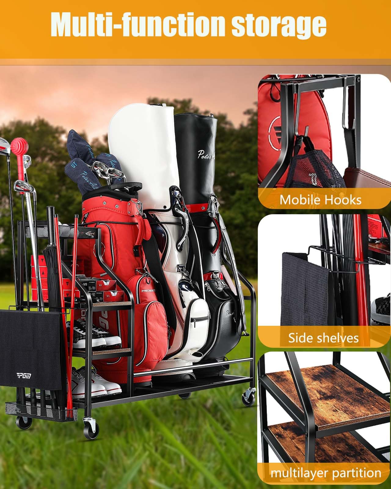 EXTCCT Organiseur de sacs de golf - Support de sac de golf pour accessoires de golf, sac de golf avec roulettes, clubs de golf, organiseurs d'équipements de golf