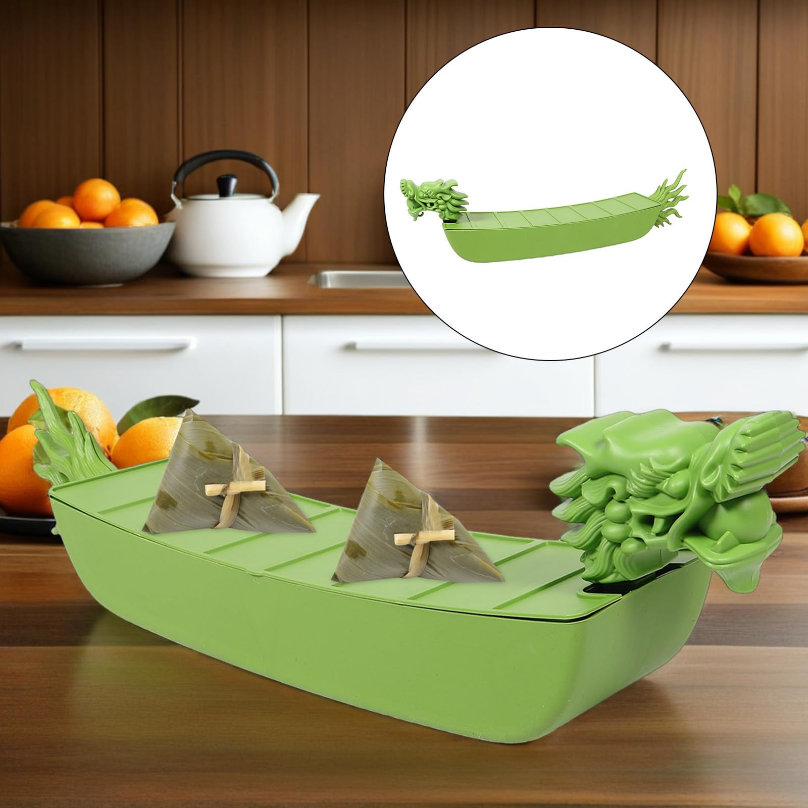 iplusmile Bandeja para Servir Forma de Barco Dragón para Zongzi | Verde, Plástico, 80x20x15cm, Apta para Snacks y Fruta, para Fiestas y Cenas Familiares