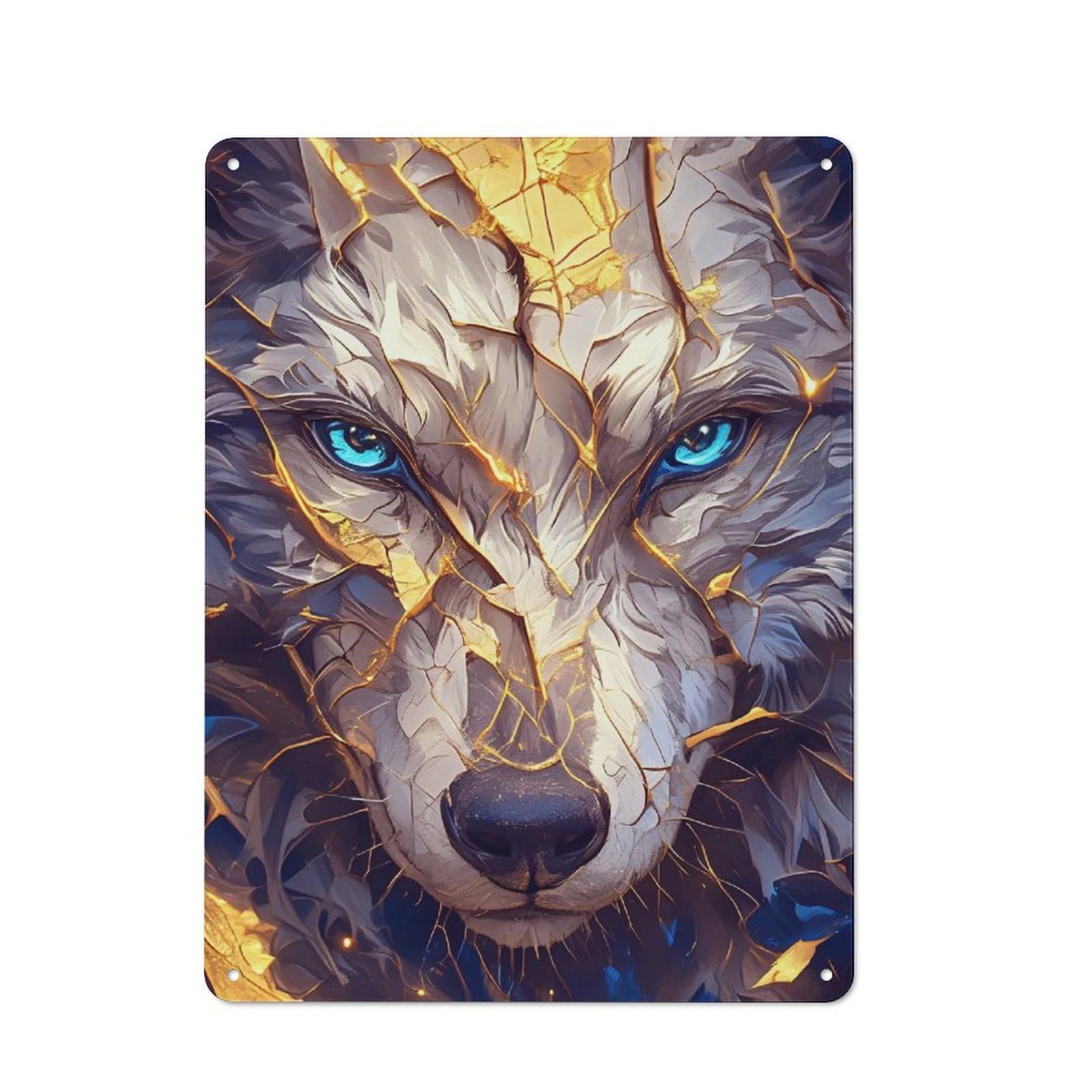 Classic Wolf Portrait with Golden Veins Metal Wall Sign 40x30cm, Pub Wall Decor for Diner, Restaurant, Shed Or Kitchen