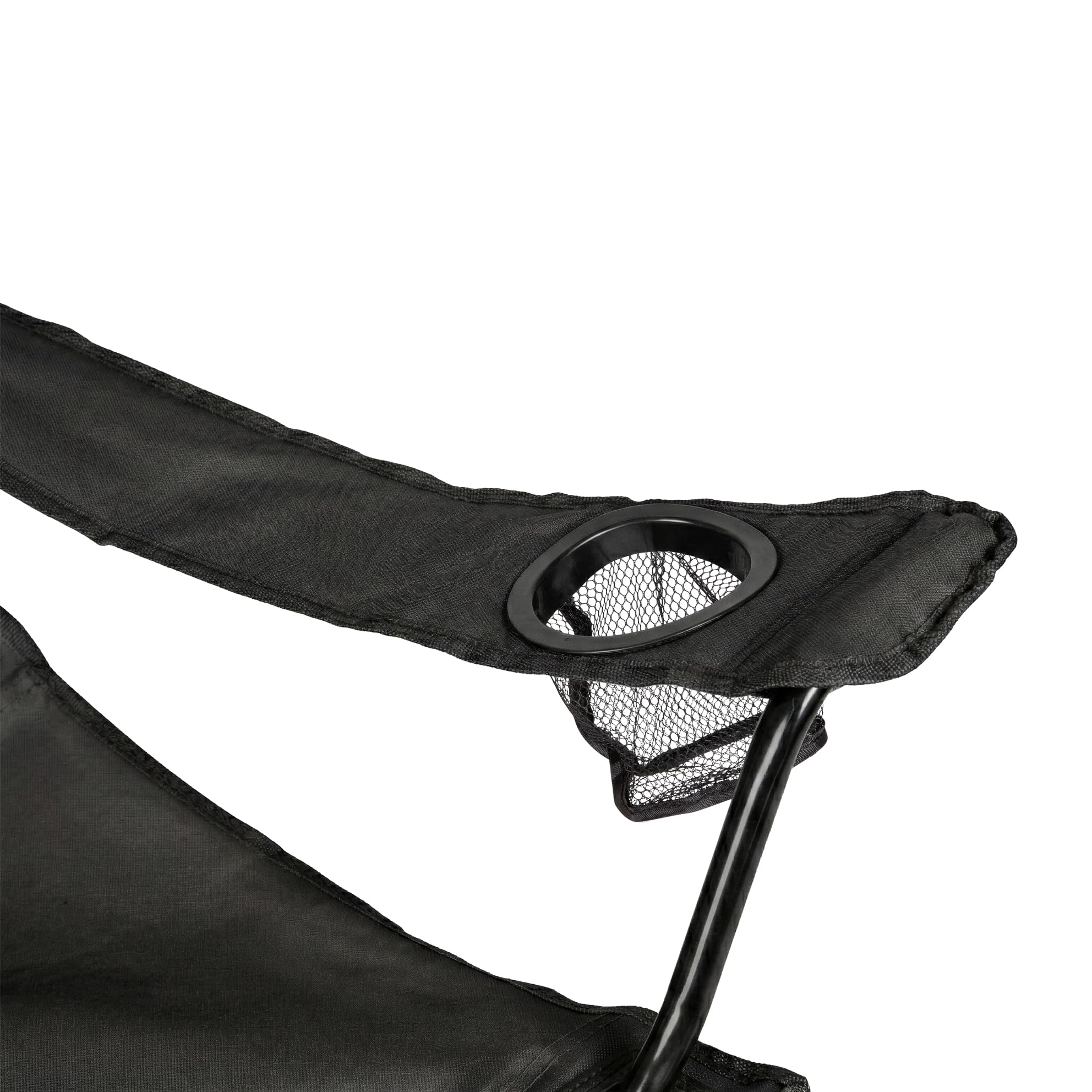 VirtuFit Faltbarer Campingstuhl mit Fußstütze Schwarz – Klappbarer Strandstuhl mit Armlehnen und Getränkehalter – Bequemer Outdoor Stuhl für Camping, Garten, Festival und Strand