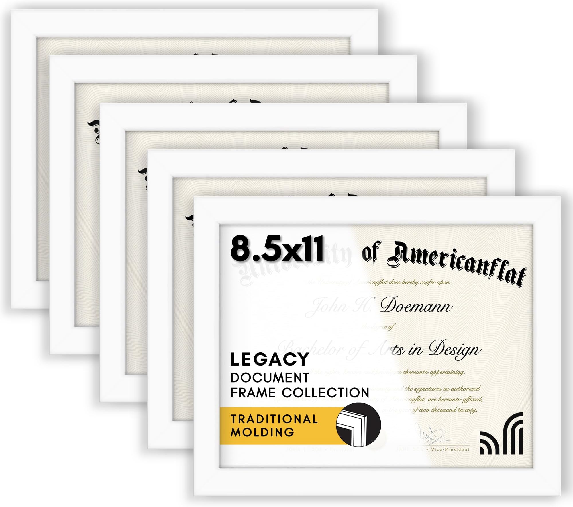 Americanflat 8.5x11 Diploma Frame with Polished Plexiglass - Set of 5 - Legacy Collection - Photo Frames for Tabletop and Wall Display - White