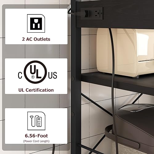 Miniatura 4 de Estante para panaderos con toma de corriente, estante de cocina con cesta de alambre, soporte para microondas con grandes estantes de almacenamiento