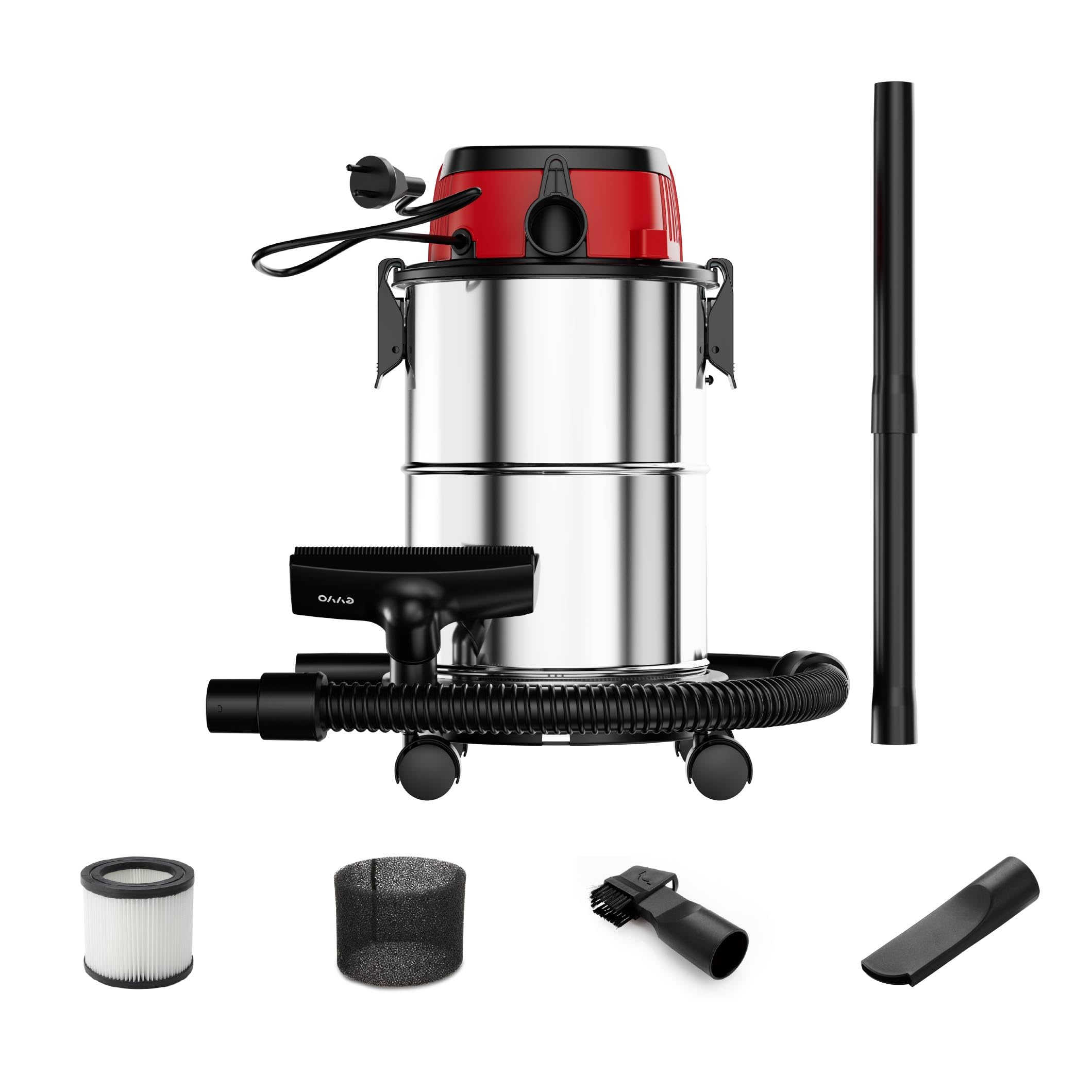EVVO Aspirador de Sólidos y Líquidos – Aspiradora Wet & Dry, Depósito INOX, Filtro HEPA F7, Función Soplado con Válvula, Aspiradora Potente para Hogar, Taller y Coche (1200, Vatios)