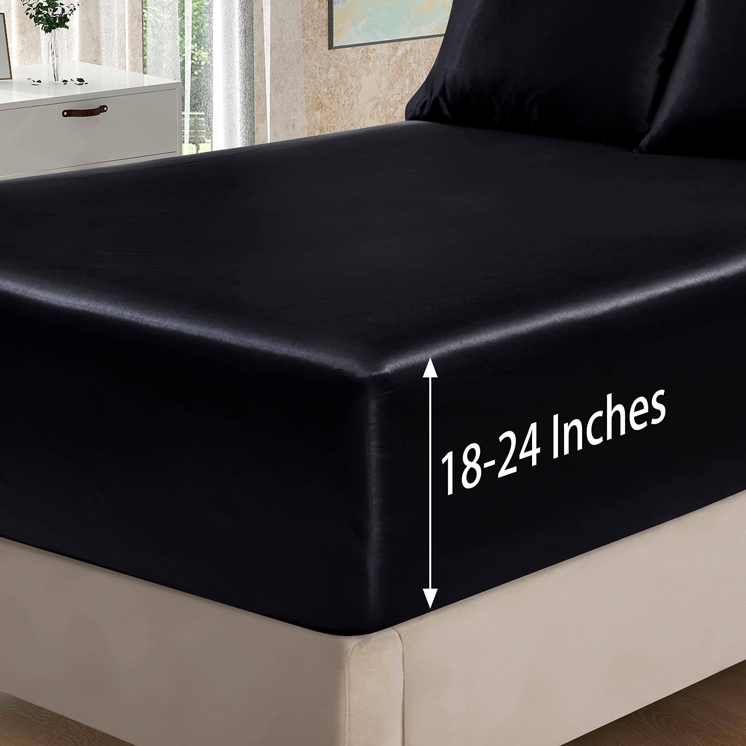Homiest 4pcs Extra Deep Pocket Satin Sheets Full Size Bed Set, 18-24 Inch Deep Pocket Black Sheets, Silky Luxury Bedding Fits Ultra Deep Mattress