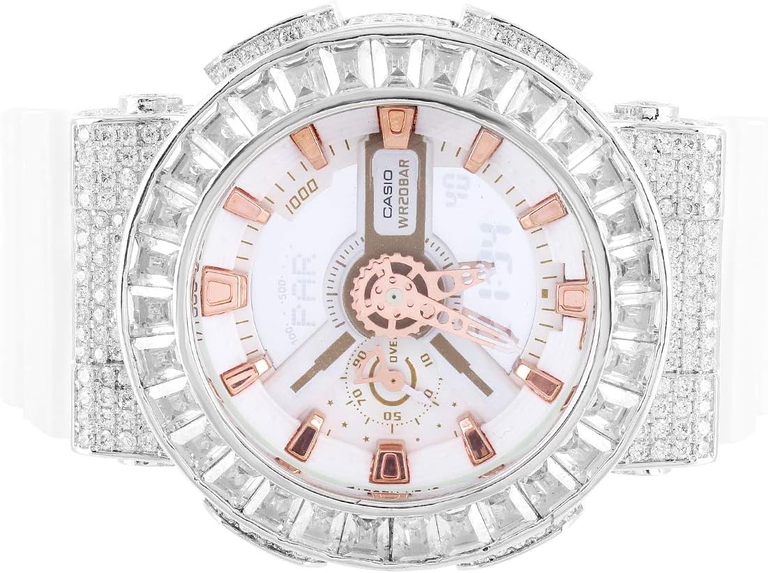 Mens G Shock GA110LP Custom Baguette Bezel White Band Rose Gold face Watch