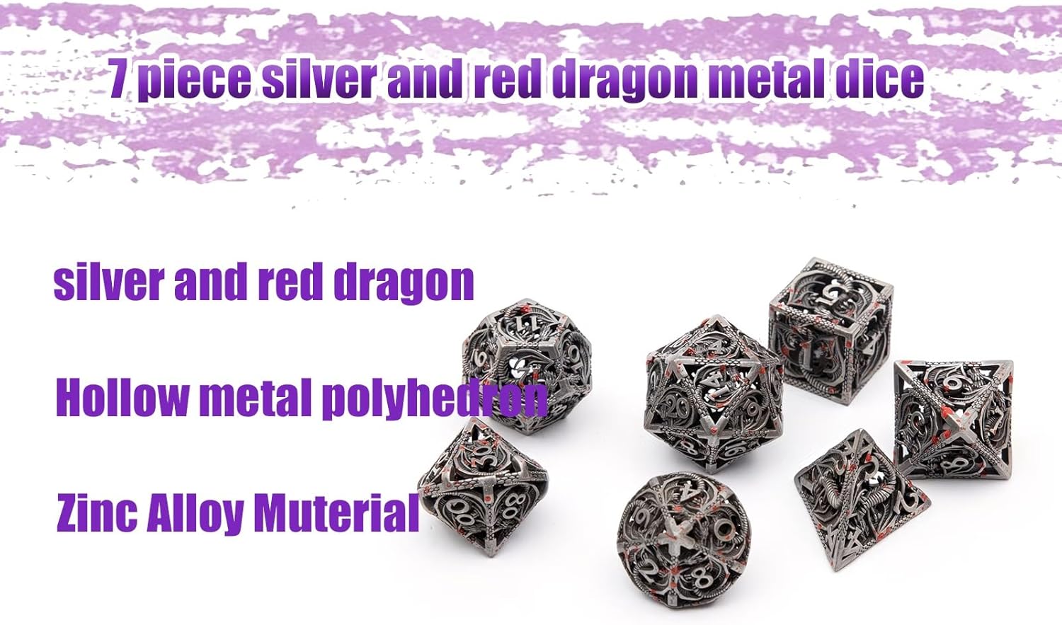 7 Piece Silver and Red Dragon Metal Dice, Hollow Polyhedron, Compatible with Role-Playing RPG Board Game Card Game