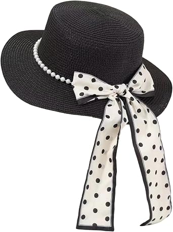 Straw Hat Pearl Ribbon Wide Brim Floppy Summer UV Protection Cooling Outdoors Beach Sun Hat for Women Girl