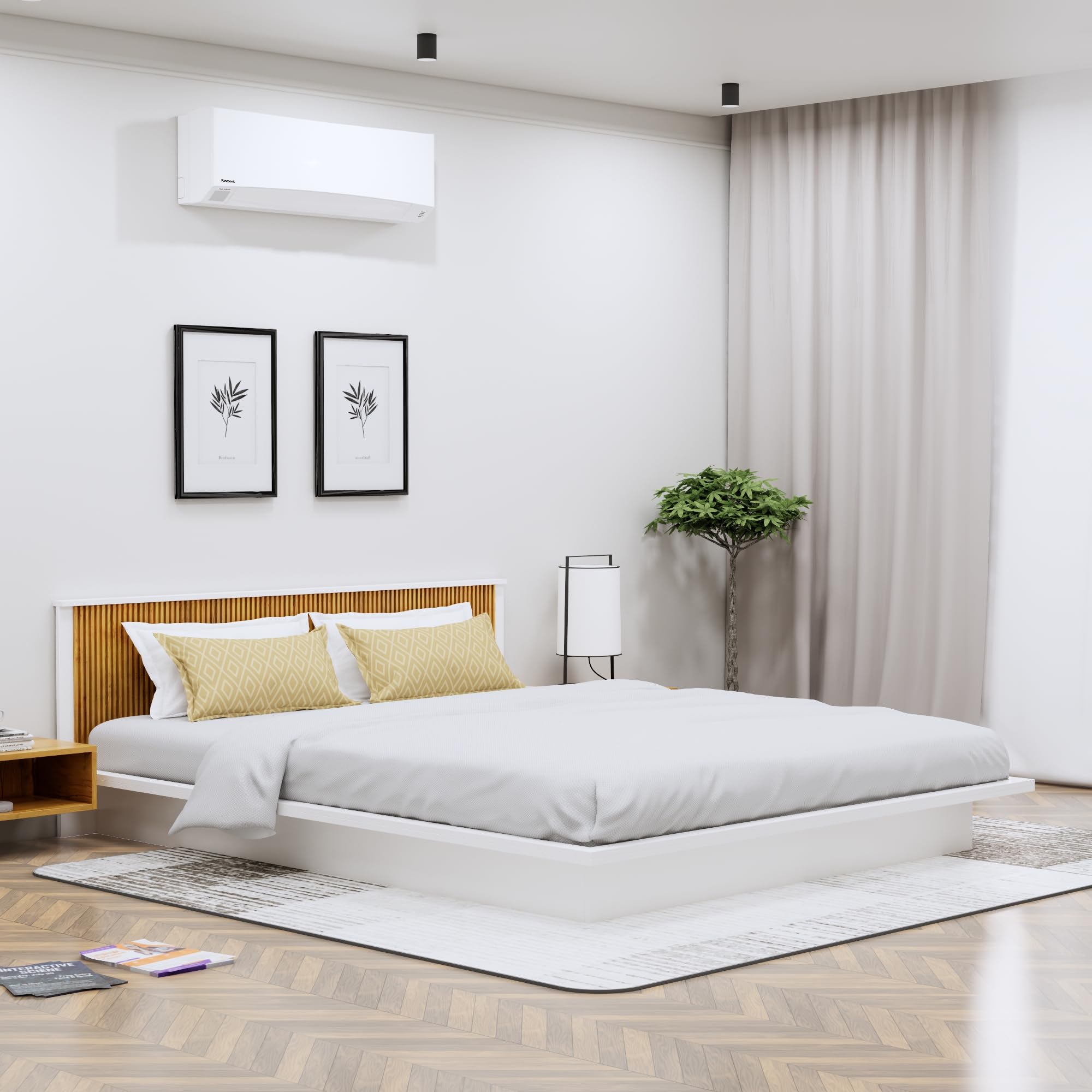 Bniture Modern Bed for Bedroom || Platform Bed with Designer Headboard || Engineered Wood Bed Without Storage (Frosty White & Giant Wood, Queen Size Platform Bed) (H- 73 CM x L- 209.1 CM x W- 160 CM)