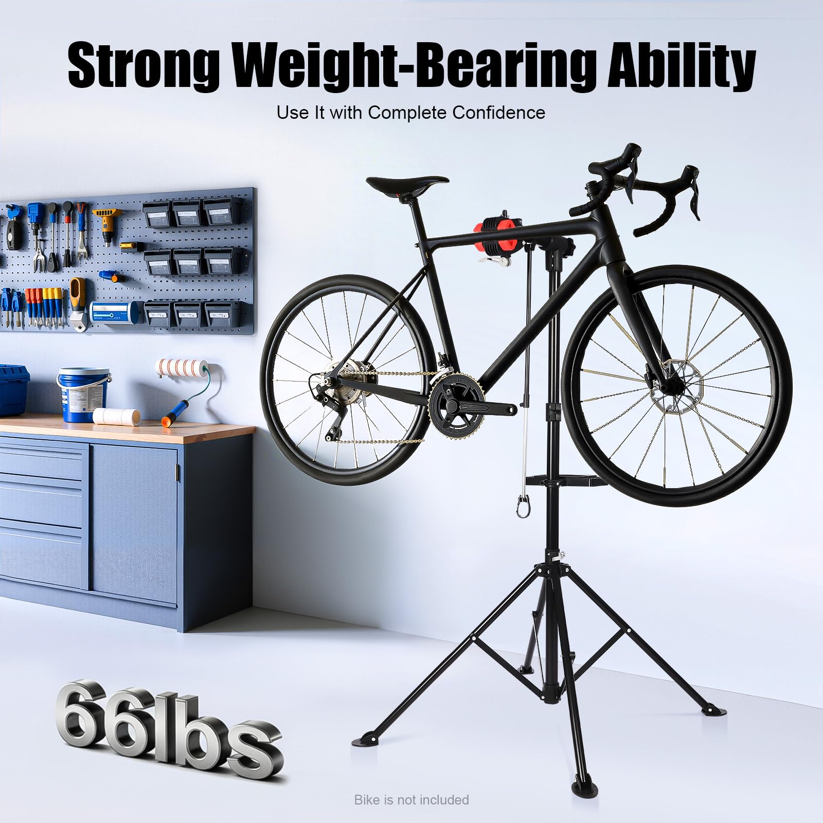 Supporto riparazione bicicletta, piedino da officina bicicletta, supporto riparazione bicicletta, montaggio bici regolabile altezza 107-189 cm rotazione 360°, vassoio attrezzi, carico 30 kg