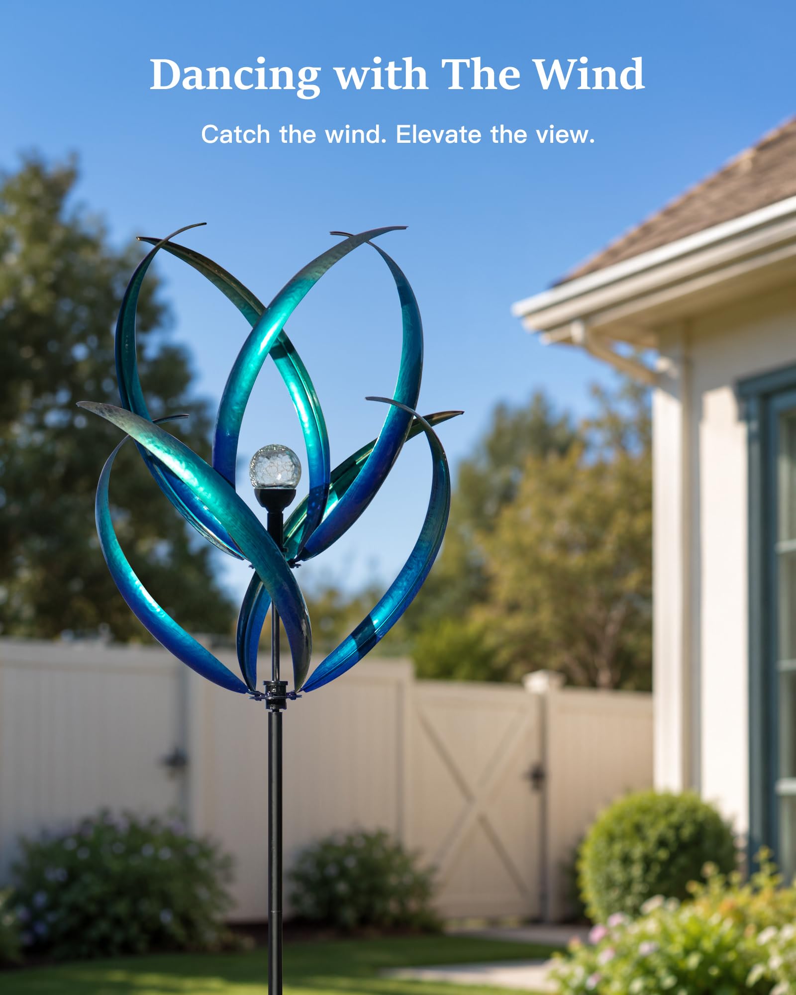 Lariander Girandole a vento da esterno con luce solare, 203 cm, in metallo, grande filatore artistico, sculture a vento blu pavone per giardino, prato, patio, regali per la famiglia