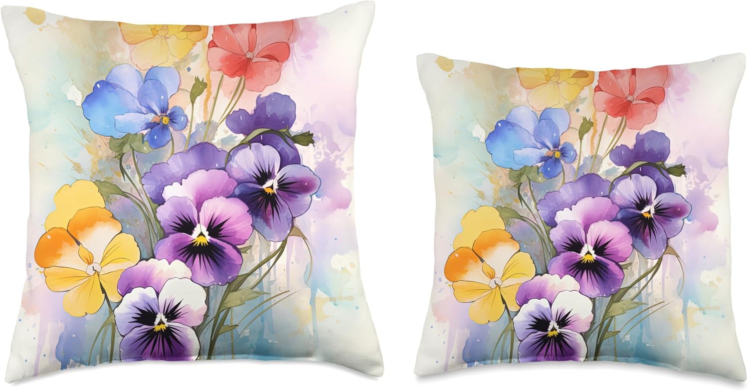 Beautiful Pansy In Colorful Watercolor Ink Splash Throw Pillow