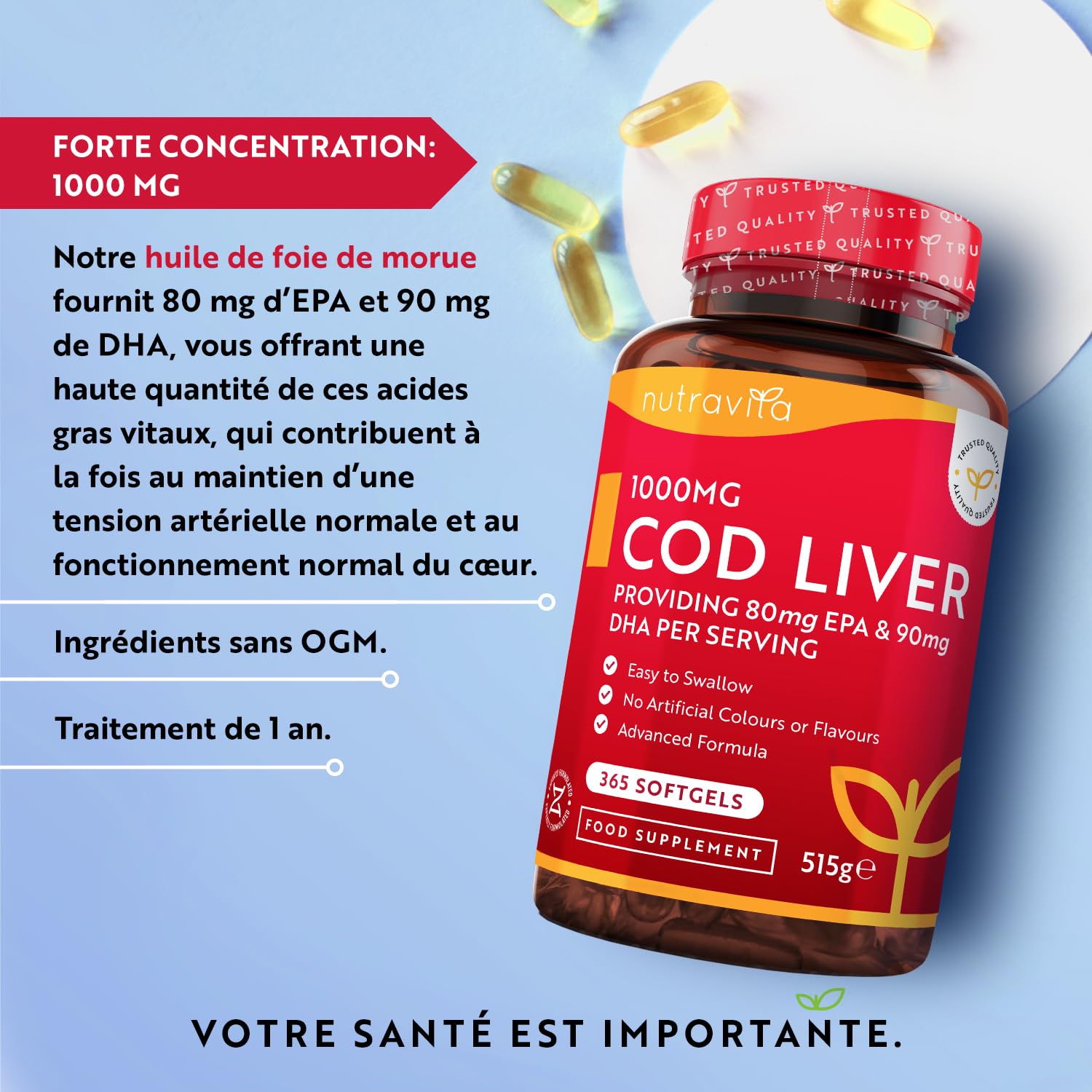 Huile de Foie de Morue 1000 mg - 365 gélules d'Huile de Poisson de qualité supérieure - Oméga 3, Vitamines A, D, E et Huile d'Ail - Soutient la santé cardiaque et cérébrale - Nutravita