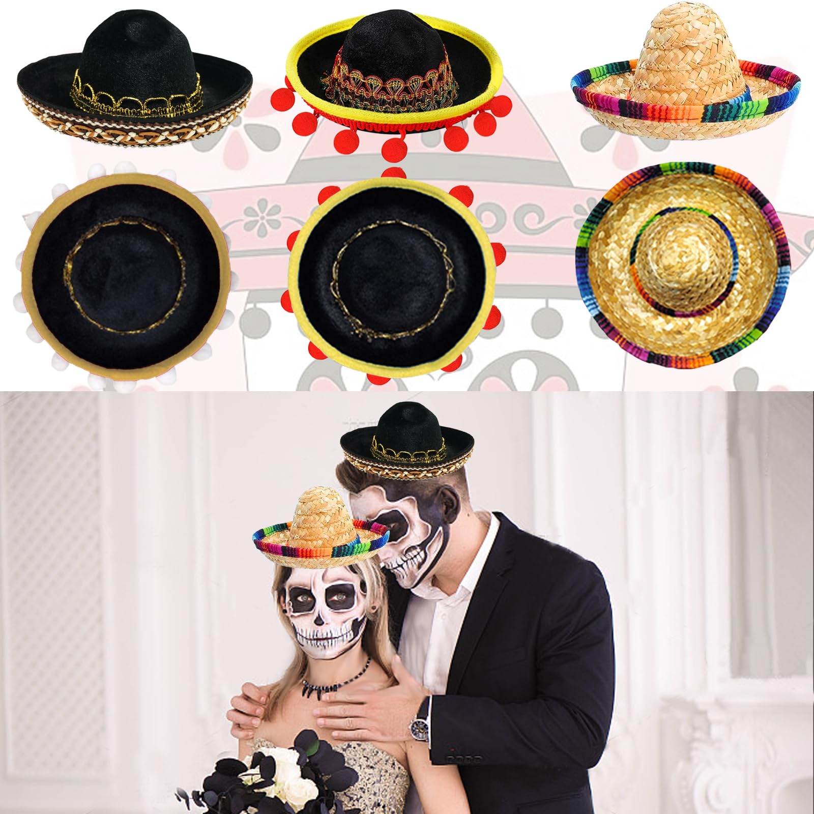 Set Di 6 Cappelli In Paglia Sombrero In Tessuto Per Feste Con Frange A Sfera, Con Fascia Per Capelli, Pet Cappello Di Paglia, A Tema Messicano Decorazioni E Bomboniere