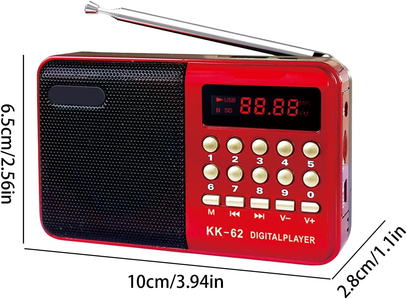 Image showing the dimensions of the Generic KK-62 Portable AM/FM Digital Radio: 10cm (3.94 inches) length, 6.5cm (2.56 inches) height, and 2.8cm (1.1 inches) width.