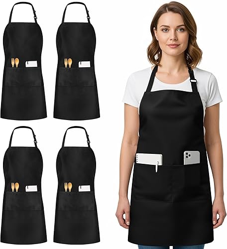 Utopia Kitchen Paquete de 4 delantales ajustables con 2 bolsillos, resistente al agua y al aceite, delantal de chef de cocina para mujeres y hombres