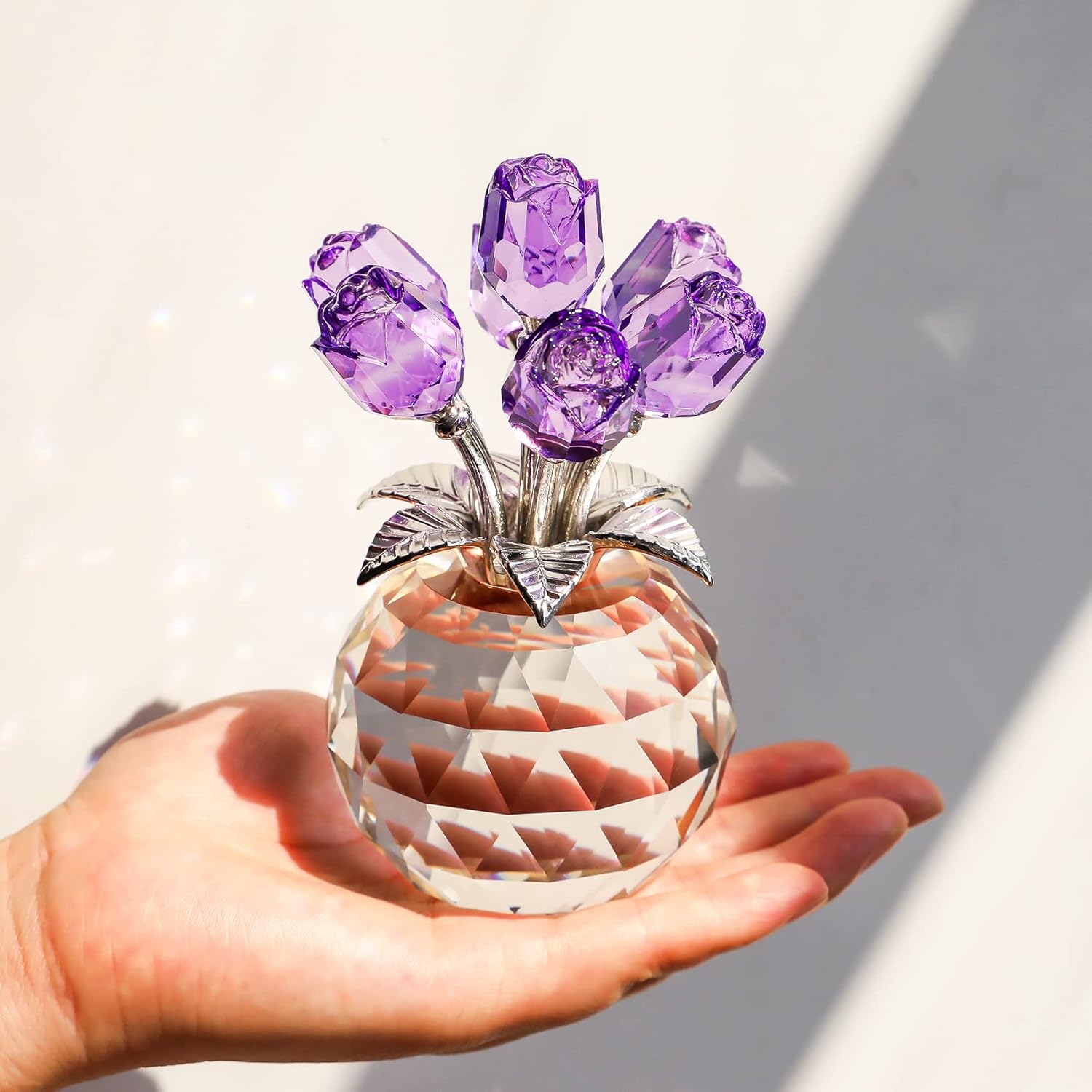 YWHL Handmade Crystal Purple Rose Flower Figurine with Round Vase, Rose Gifts for Girlfriend Wife Sister, Romantic Gifts for Mom on Anniversary Mother's Day Birthday, Wedding Home Decorations - Image 5