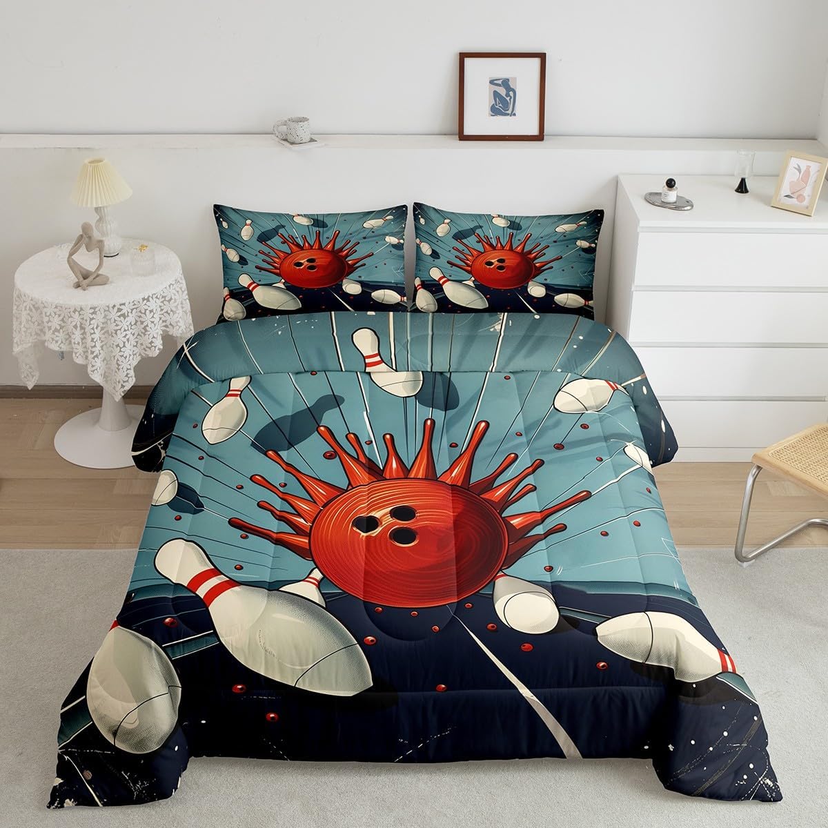 Feelyou Boys Girls Bowling Comforter Queen Size, Gaming Sports Comforter Set Ball Games Bedding Set Kids Abstract Art Teens Duvet Set 3Pcs