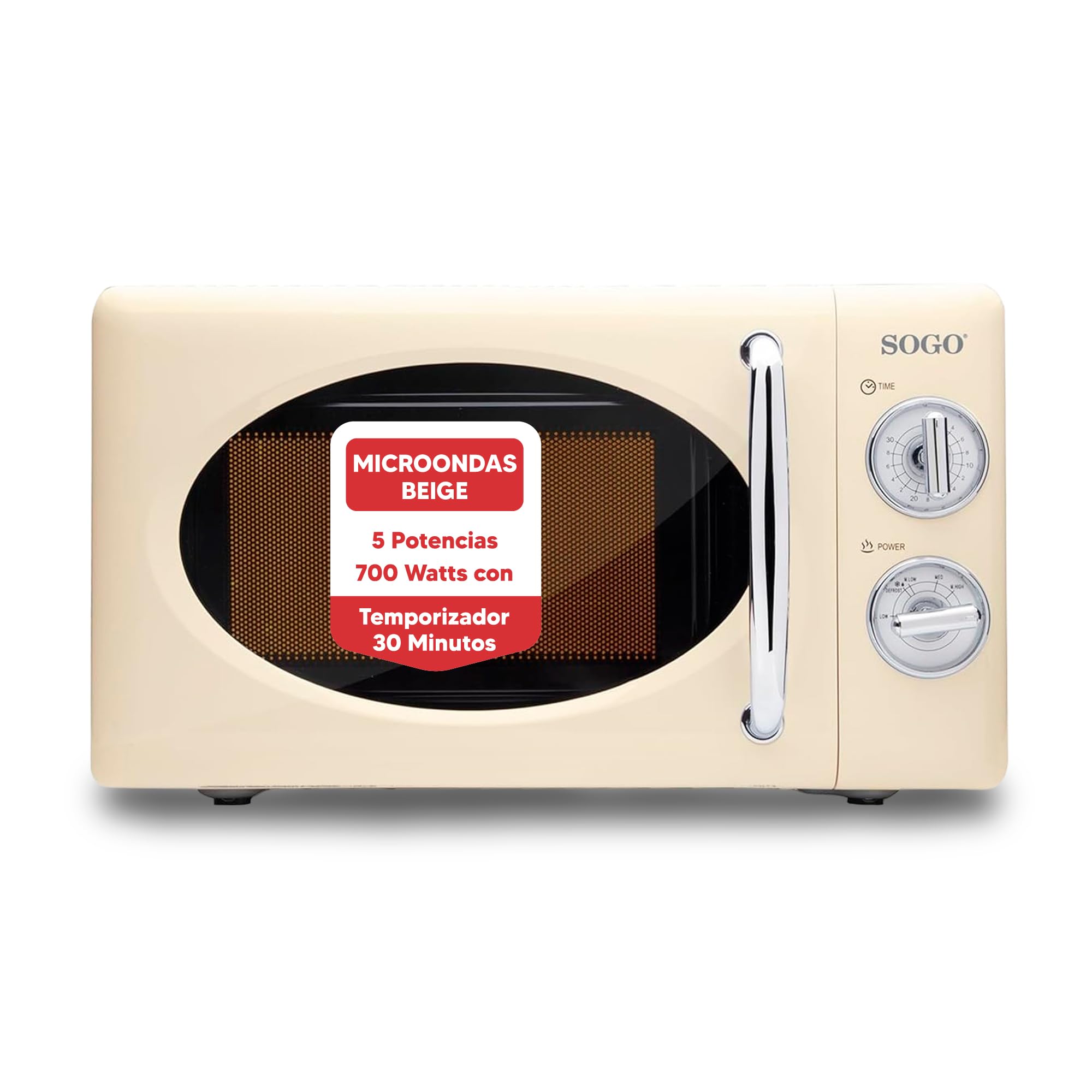 Sogo Microondas Beige con Capacidad de 20L - 5 Potencias y Función Descongelar - 700 Watts con Temporizador 30 Minutos y Estilo Vintage - Sin Grill Plato Giratorio (Beige)