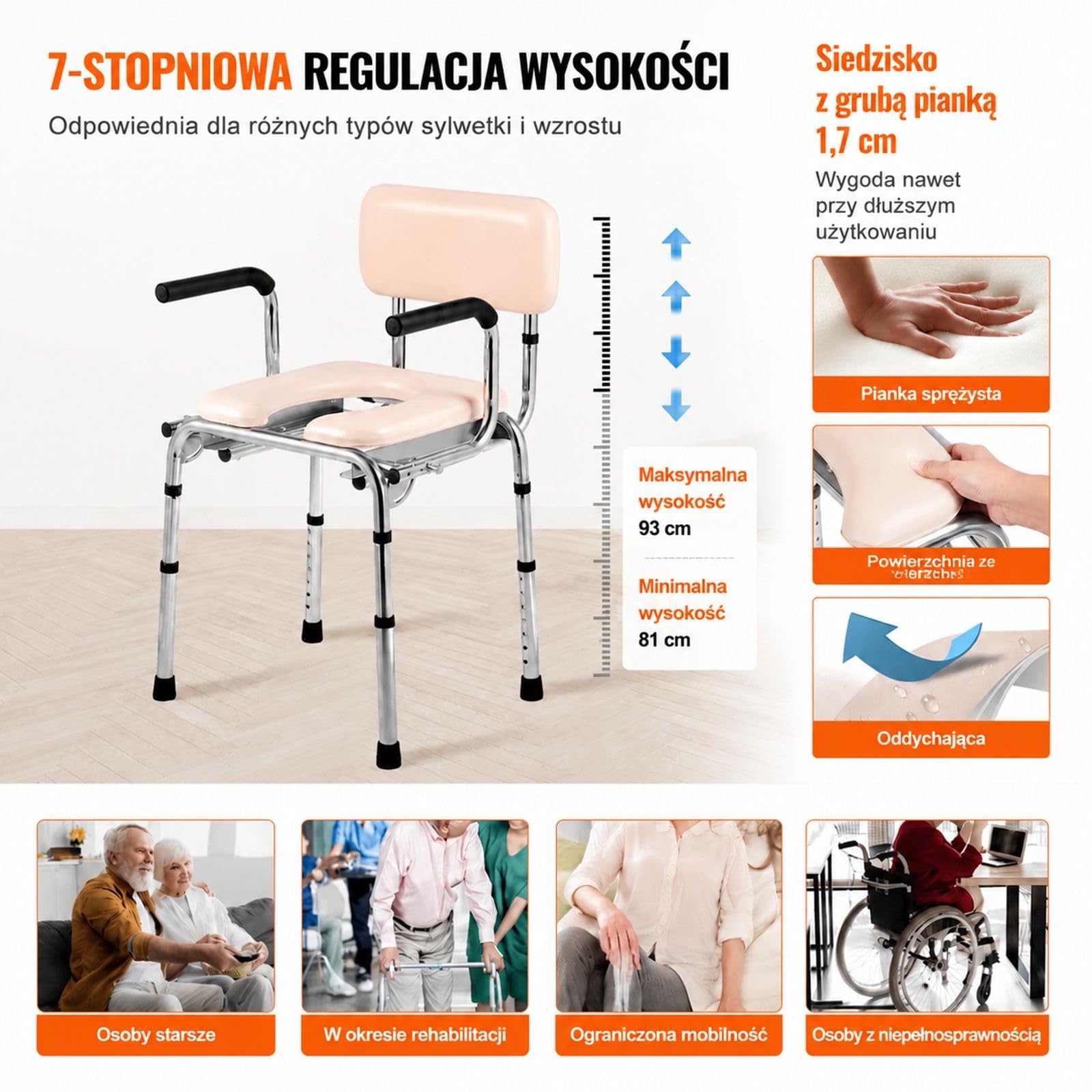 Krzesło toaletowe z wyściełanym siedziskiem, składanymi podłokietnikami i wyjmowanym wiadrem do łazienki oraz sypialni