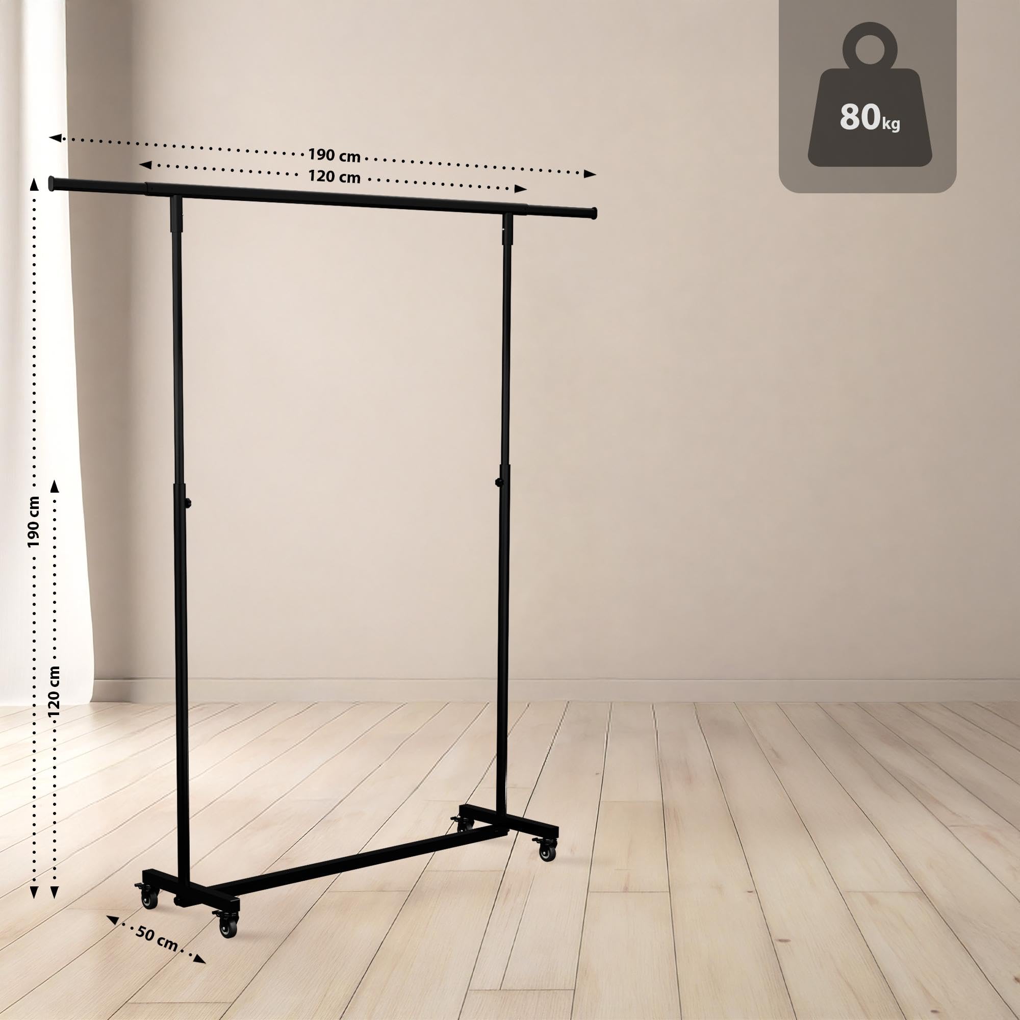 CLP Kleiderständer auf Rollen sehr stabil Soran, ausziehbare Kleiderstange höhenverstellbar klappbar, Garderobenständer Metall schwarz Größe 120x50x188 cm