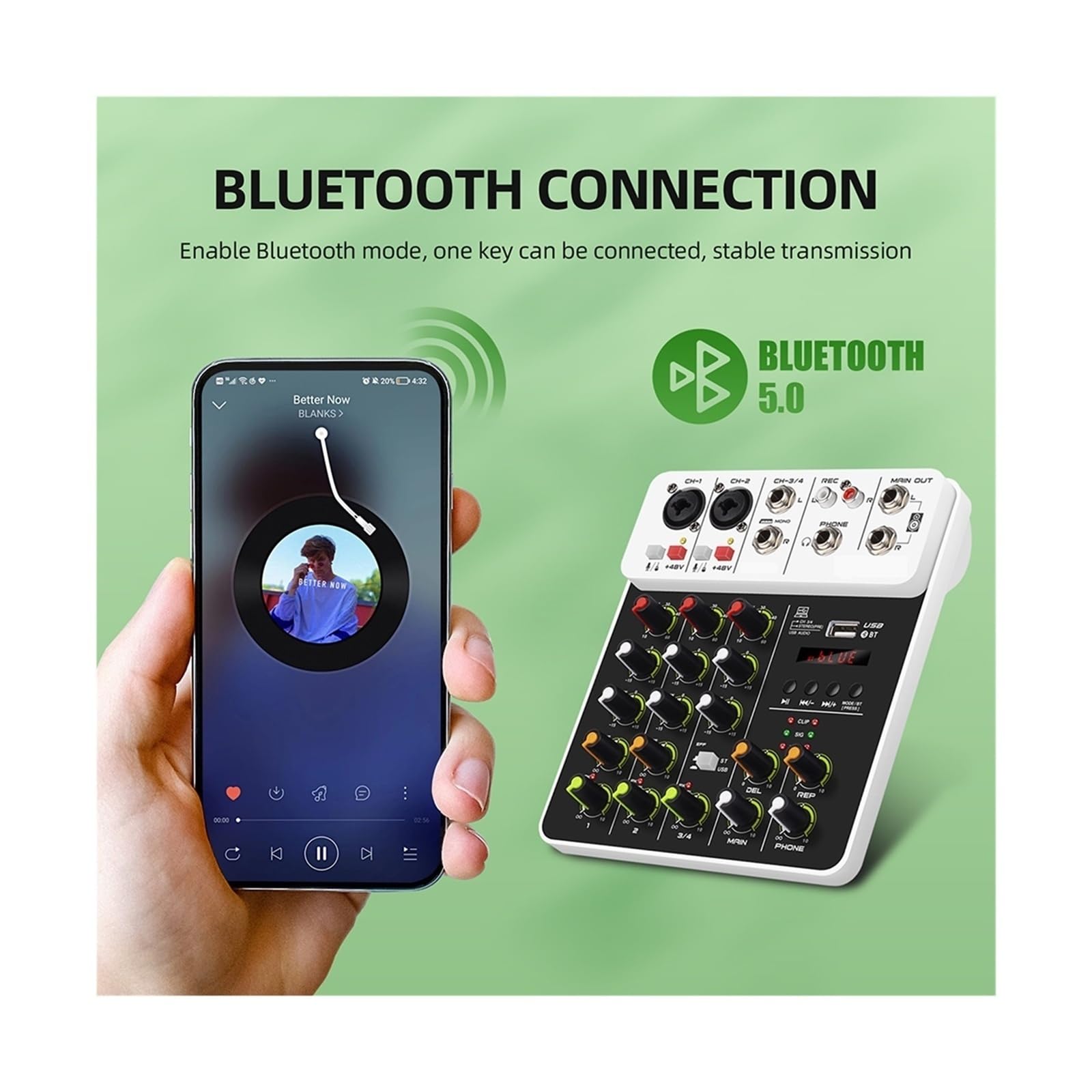 Mezclador de audio, Consola de mezcla sonido V4, computadora grabación USB, alimentación fantasma 48 V, efecto retardo, mezclador 4 canales