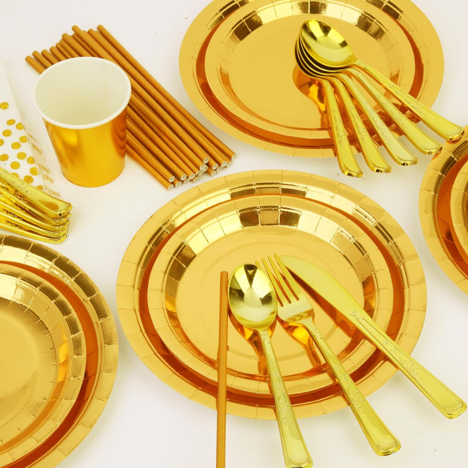 200 PCS Gold Disposable Party Supplies, Disposable Party Tableware Set with Gold Paper Plates, Paper Cups, Napkins, Plastic Knives, Forks and Spoons （25 Guests）