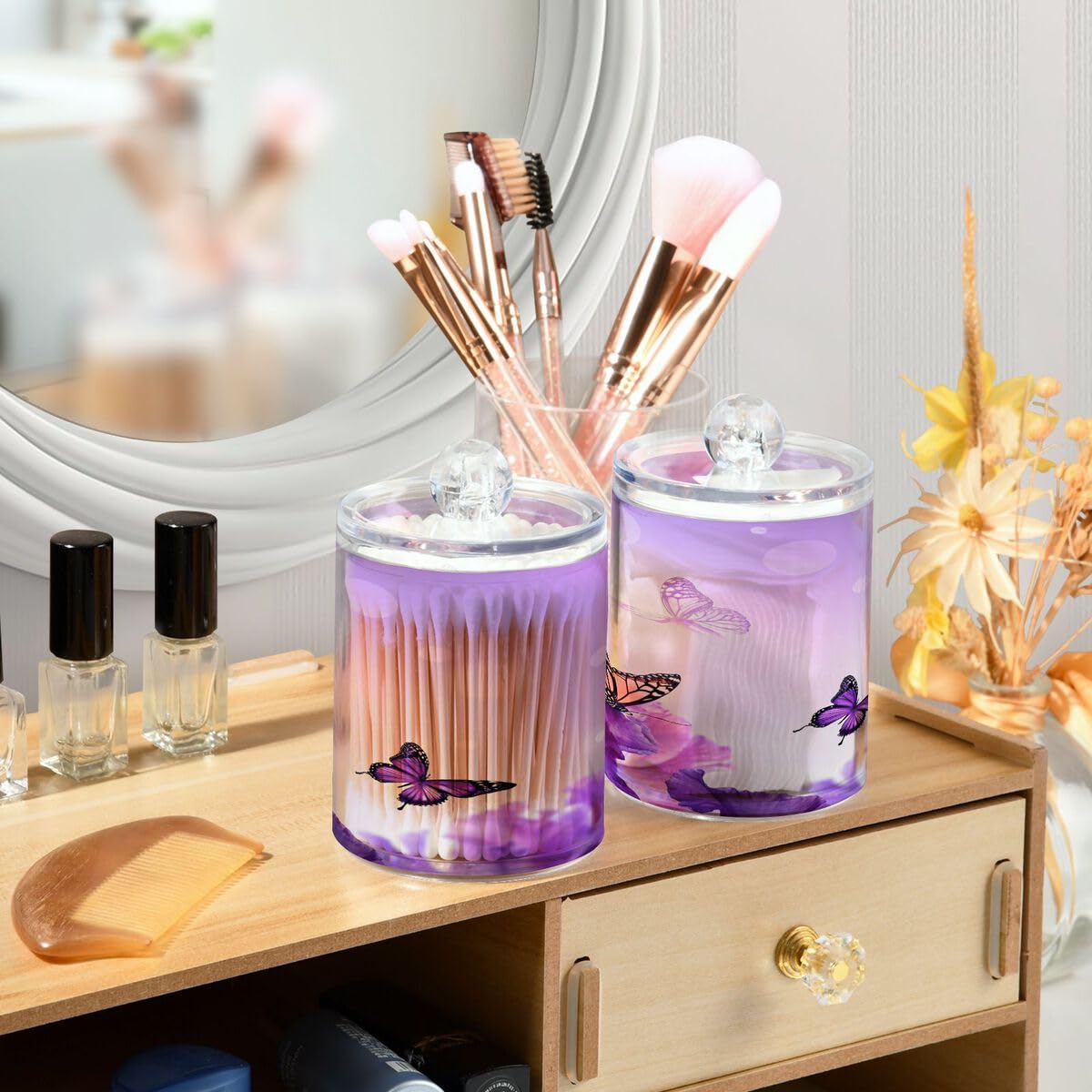 Violetter Schmetterlings-Qtip-Halter, 400 ml, Apothekergläser, Badezimmer-Organizer, Behälter für Qtips, Wattestäbchen, Wattebälle, Kosmetik-Pads, Flossers, Badesalz, 2 Stück