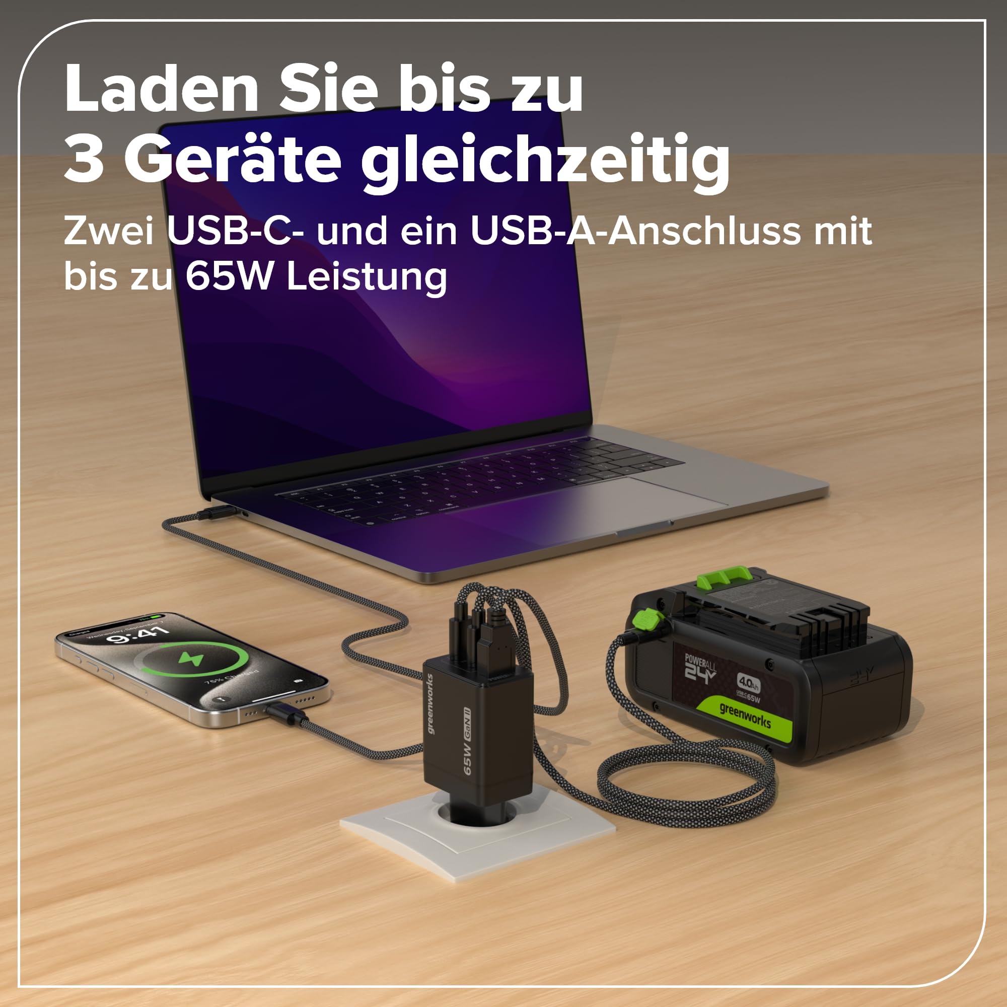 Greenworks 24 V 4 Ah bateria ricaricabile USB-C & caricabile USB-C da 65 W & cavo da 100 W, bateria kompatybilna z Con Tutti GLI oltre 200 dispositivi Greenworks da 24 V, 2 anni di garanzia - K2S2BEA