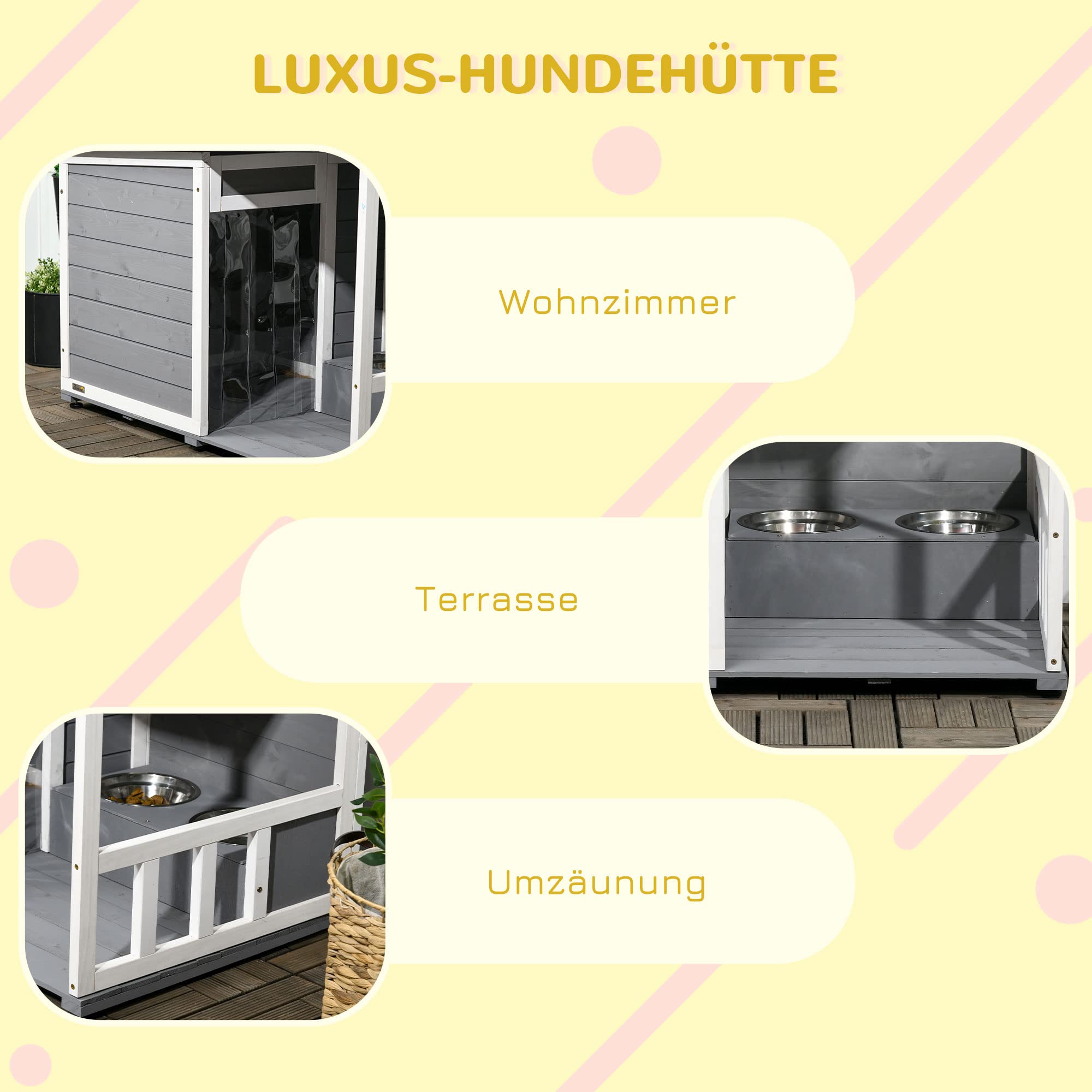 PawHut Hundehütte aus Holz, Hundehaus mit 2 Schüsseln, Terrasse, Outdoor Hundehaus Kleintierhaus für kleine Hunde mit Asphaltdach, für Draußen, Wetterbeständig, Grau, 103 x 62 x 60-66 cm
