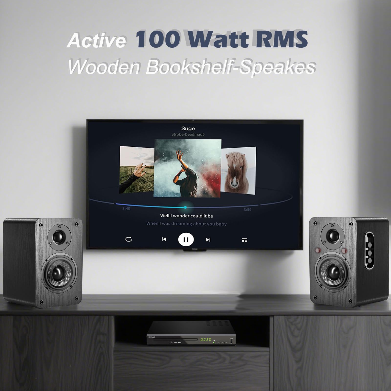 LONPOO Aktiv Regal-Lautsprecher Paar,100W RMS Aktivlautsprecher mit 4-Zoll Kohlefaser-Tieftöner, Bluetooth 5.3, HDMI ARC, Optisch, Koaxial, USB, AUX-IN, Fernbedienung (LP42X-Schwarz)