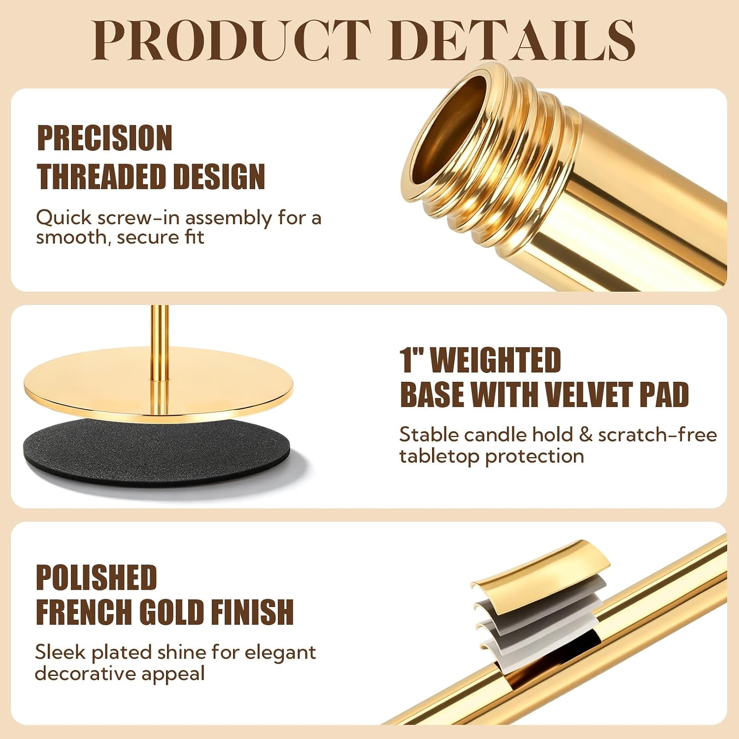 24 Pcs French Gold Taper Candle Holders Bulk Modern Decorative Candlestick Holders in 3 Heights for Wedding Table Centerpiece, Christmas Mantel Decoration,Dining Table and Housewarming Gift(8 Sets)