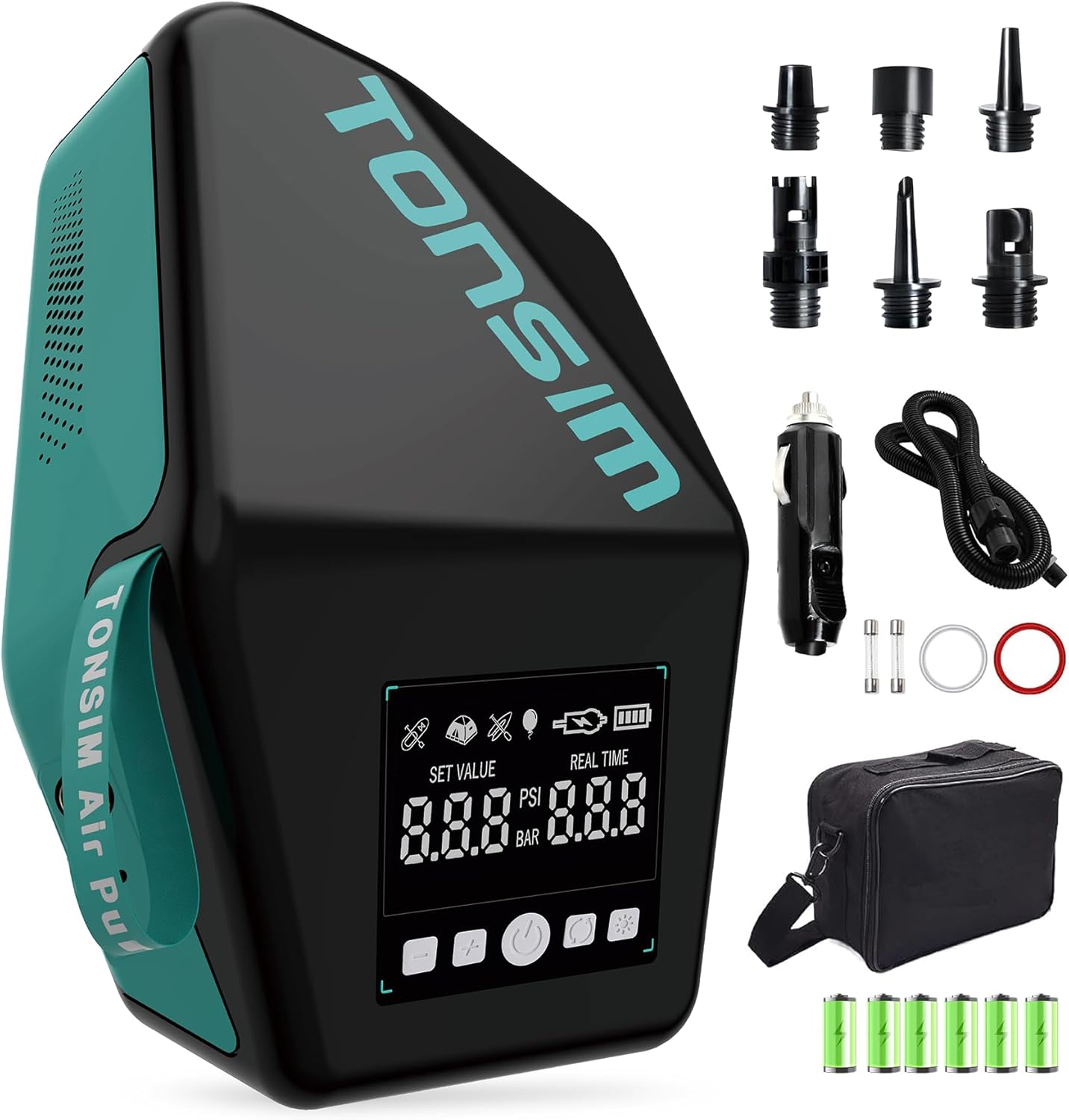 Tonsim Electric Paddle Board Pump 20 PSI, Rechargeable SUP Pump with 4 Modes, Dual-Stage Inflation & Deflation, 12V DC Car Connector, Auto Shut-Off for Paddle Boards, Kayaks & Tents, Black