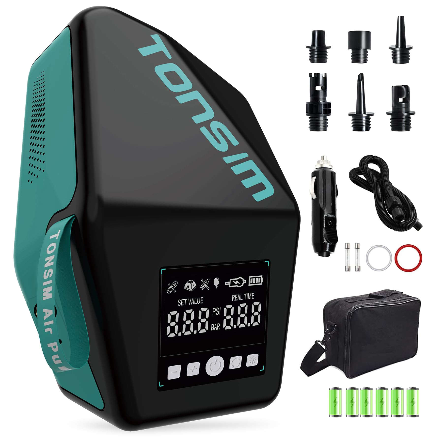 Tonsim Sup Pumpe Elektrisch mit Akku 20 PSI, Wiederaufladbare Luftpumpe, Zweistufiges Auf- und Abpumpen, 12V-DC-Autoanschluss, Automatische Abschaltung für Paddleboards, Kajaks und Zelte