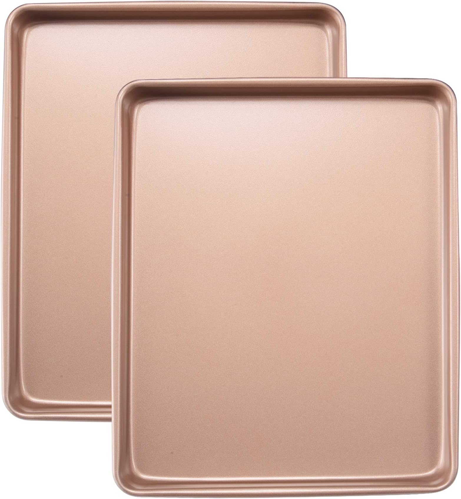 JOHO BAKINGHeavy Duty Baking Sheets for Toaster Ovens - 12.5x10.5 Inch Nonstick Cookie Pan Set (0.8mm 2X Thicker Carbon Steel) Warp & Rust Proof, PFOA Free -Champagne Gold Trays