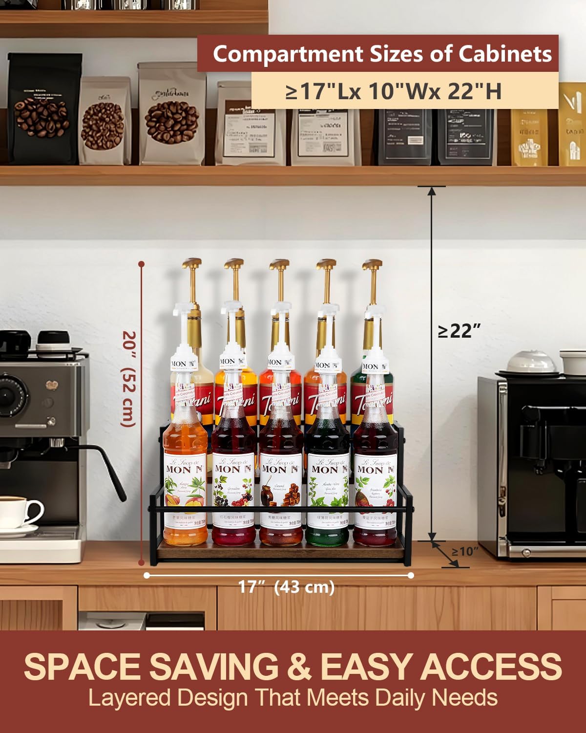Coffee Syrup Rack Organizer, 2-Tier 10-Bottle Syrup Holder Stand for Coffee Bar & Liquor Display Shelf, Countertop Stand for Coffee Syrups, Wine, Spice, Soda Bar