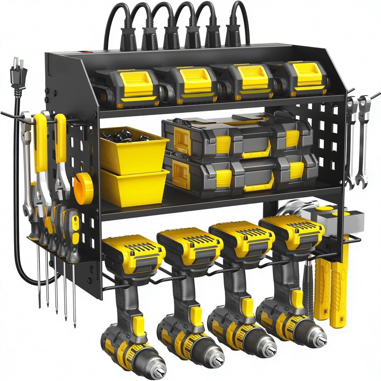 SPACECARE Power Tool Organizer with Charging Station 6 Outlets, 3-Layer Heavy Duty Wall Mount Drill Storage Rack, Cordless Tool with Utility Shelf, Garage Organization and Storage for Workshop- Black