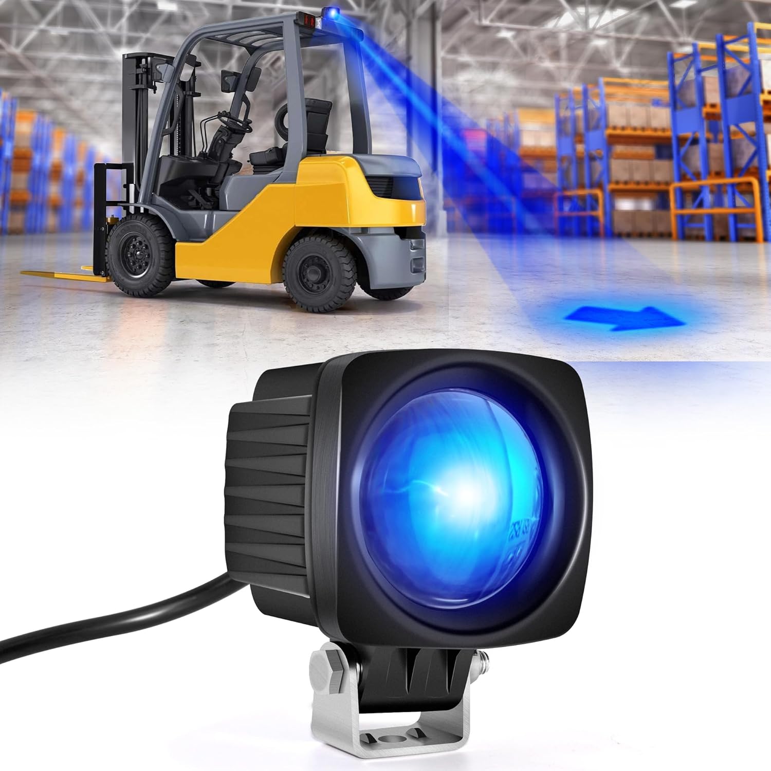 eTzone Upgraded Blue LED Forklift Safety Warning Light with Arrow Sign,10W LED,12-100V DC, Durable, Waterproof Pedestrian Warning Spotlight, Adjustable Mount for Enhanced Safety and Visibility