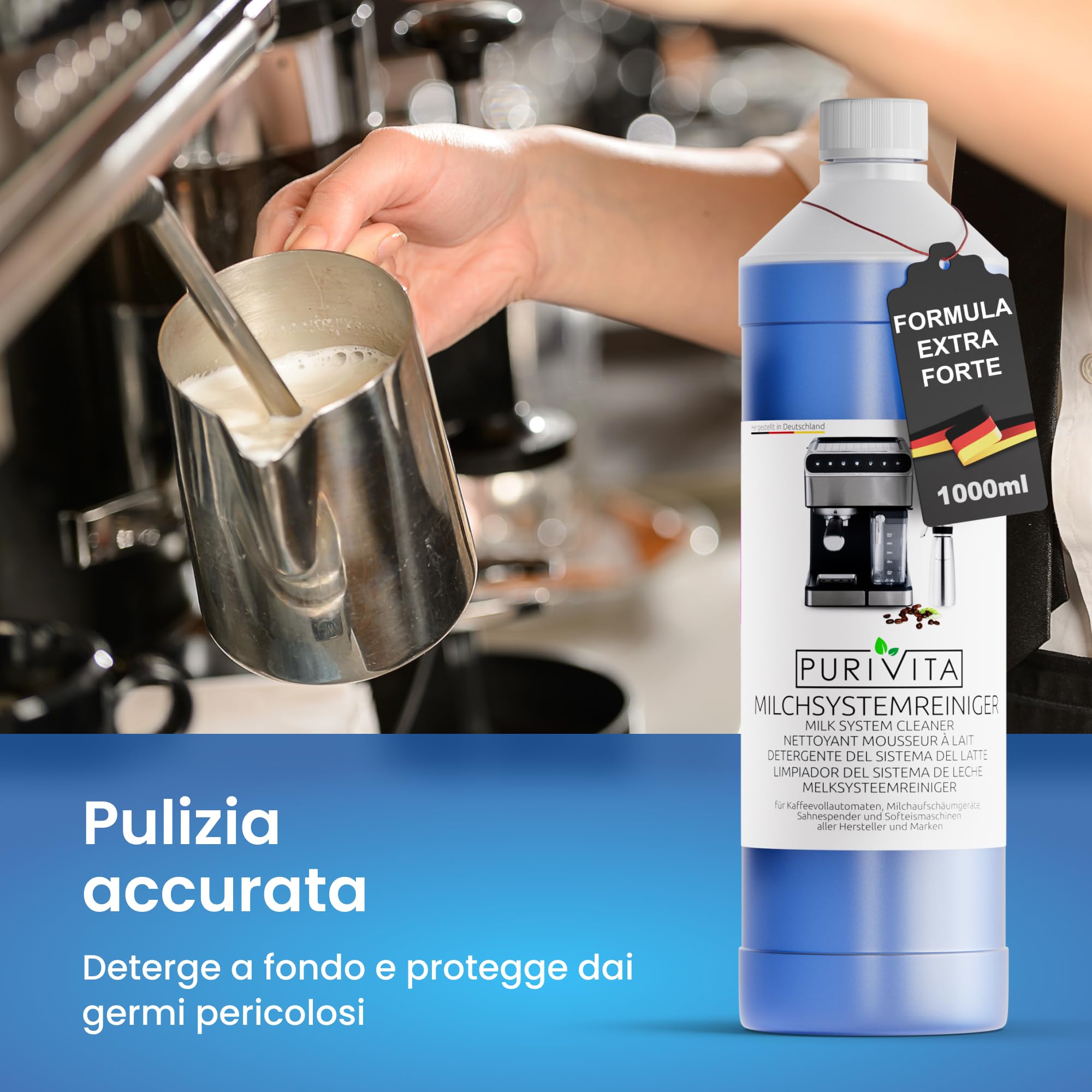 PURIVITA® Pulitore del Sistema del Latte per Macchine da Caffè [3x 1000 ML] - Detergente per Systema del Latte - Sistema Pulizia Latte per De Longhi, Jura, Krups, Nespresso & Philips