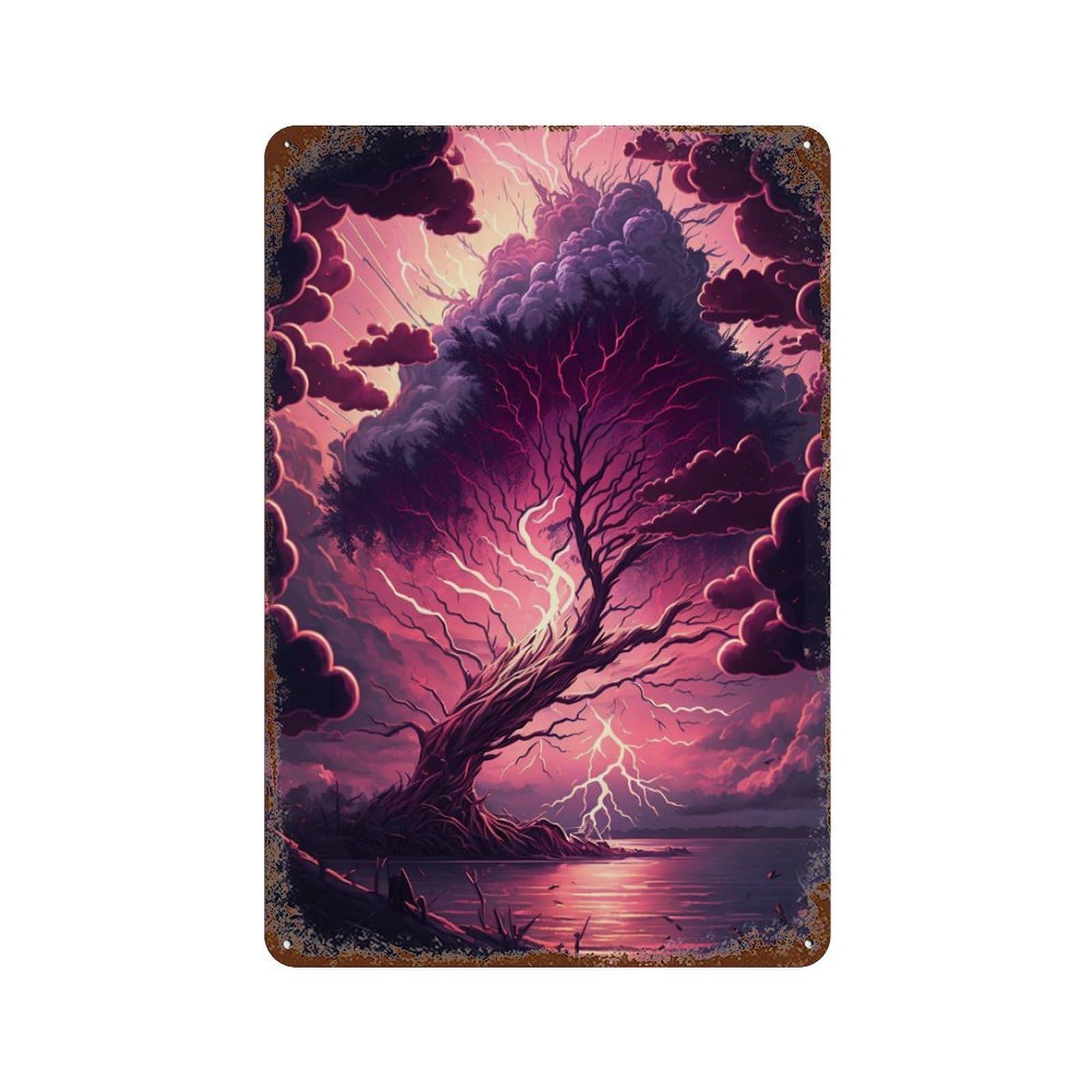 Thunderstorm Tree Lightning Vintage Rust Metal Sign 11.8"x7.9", Ideal for Cafe, Home Bar And Lounge Decor
