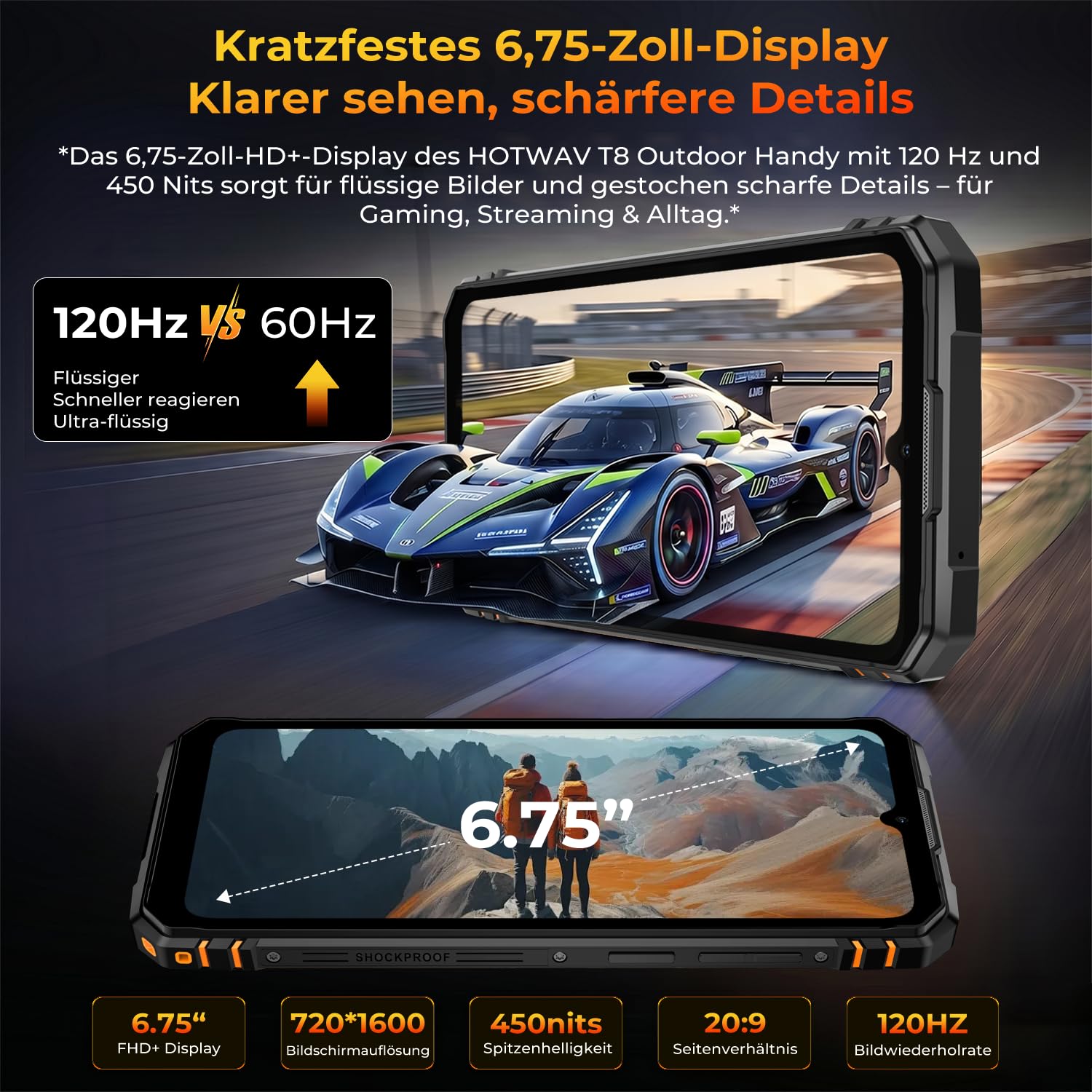 HOTWAV T8 Outdoor Handy 2026 Android 16 12GB+64GB/2TB, 6200mAh, 6.75" 120Hz | Outdoor Smartphone Ohne Vertrag 20W Quick-Charge, 20MP+5MP, Gemini AI, NFC/Fingerprint/Face ID/Wasserdicht/Dual SIM/GPS/OTG