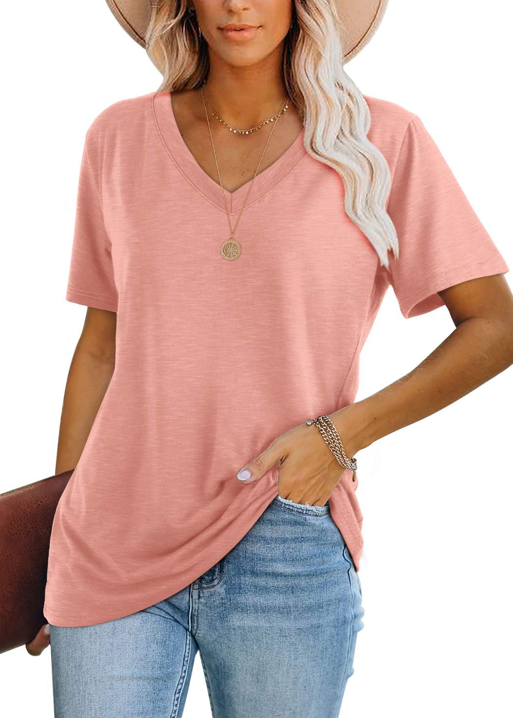 WIHOLLWomens Tops Casual Short Sleeve V Neck T Shirts