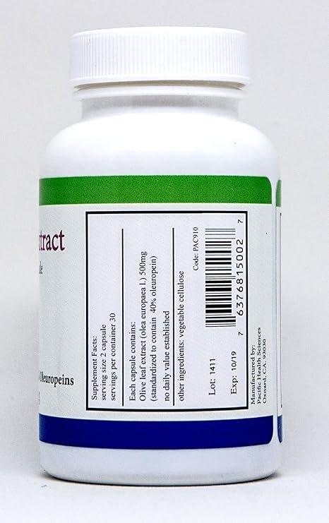 Pacific Health Sciences 500 mg Olive Leaf Extract 40% Plus 100mg Organic Olive Leaf