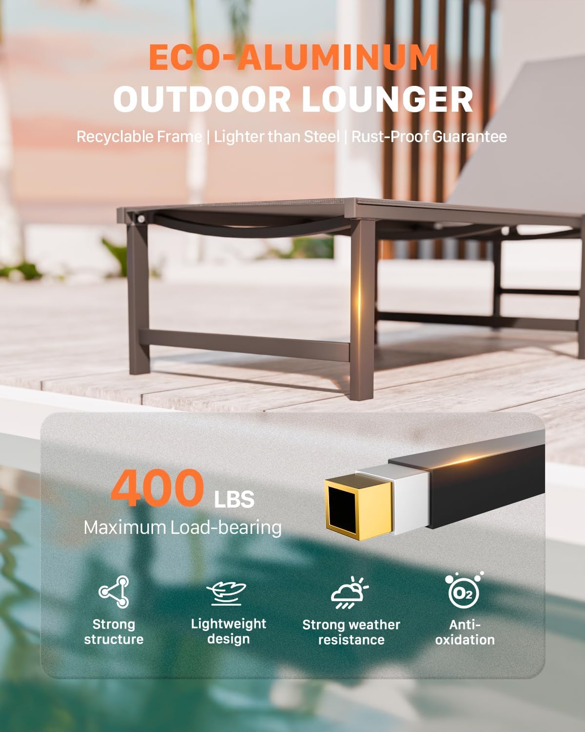 Chaise Lounge Chair Outdoor,Aluminum Patio Lounge Chairs Set of 2,Pool Lounge Chairs with 5 Adjustable Backrest and Headrest Pillows for Outside Beach,Gray