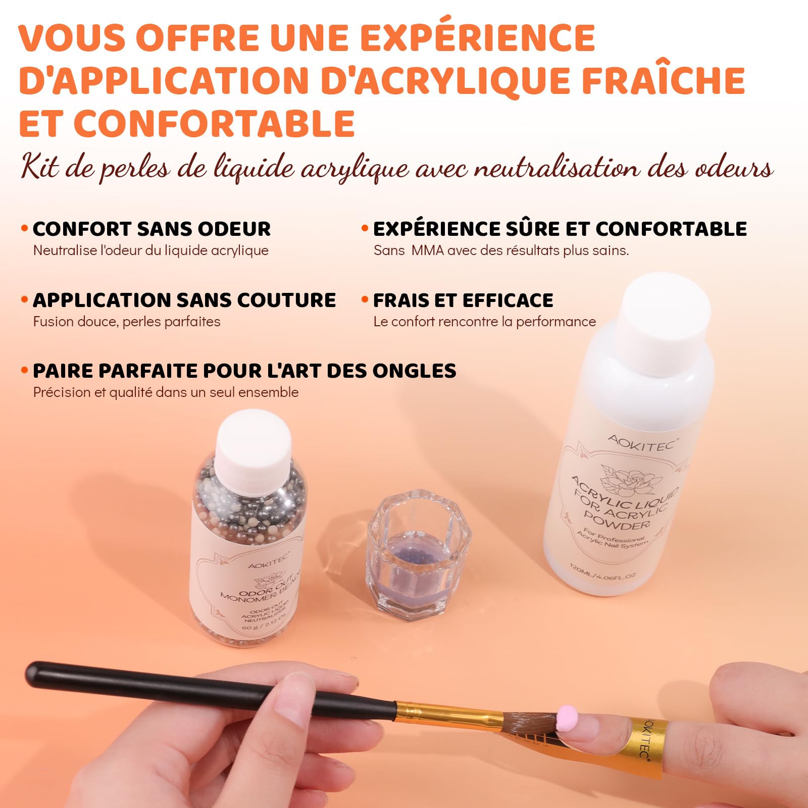 Aokitec Liquide acrylique avec perles neutralisant les odeurs, monomère EMA 120 ml pour ongles en acrylique, monomère à faible odeur et non jaunissant pour poudre acrylique