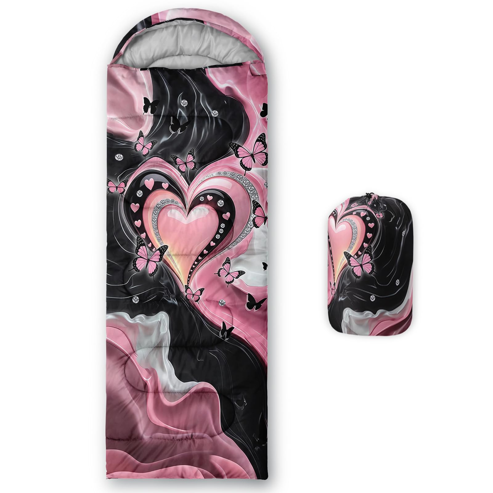 QOOMO Pink Heart Print Waterproof Sleeping Bags for Adults & Kids,Printed Camping Sleeping Bags,Traveling,and Outdoors,Camping Gear Equipment,31x90inch, 3 Season Warm & Cool Weather,Lightweight