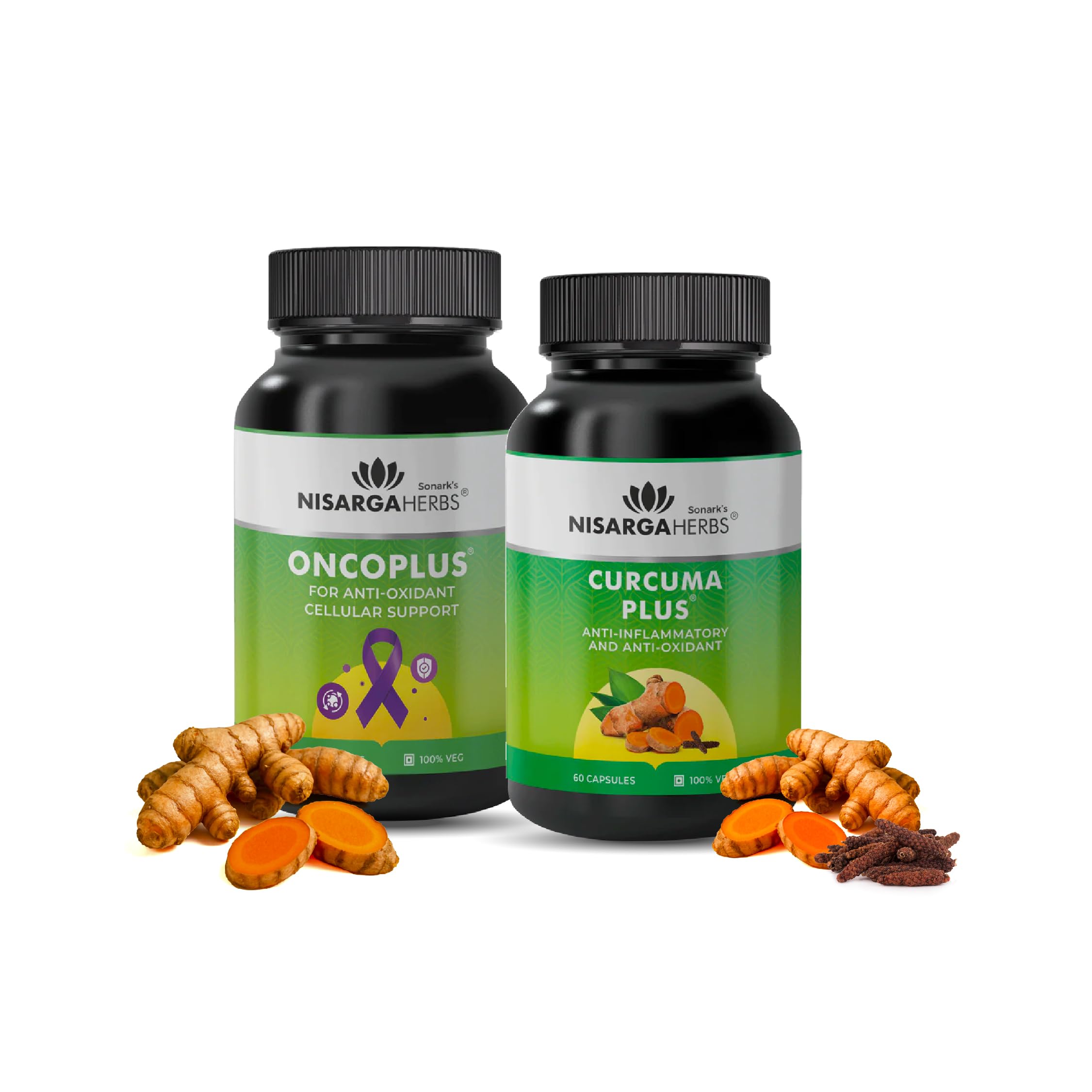 Nisarga Herbs Oncoplus (Cellular Support, Mental Alertness and Energy) & Curcuma Plus (Anti Oxidant & Anti Inflammatory) 100% Organic, Ayurvedic & Natural 60 Capsules Each (Combo Pack)