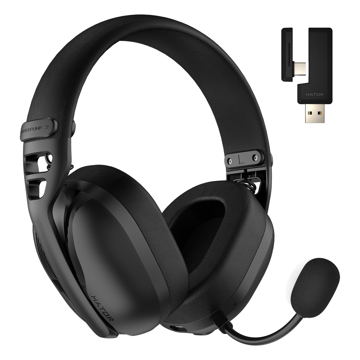 HATOR Hyperpunk 3 Wireless Gaming Headset - Wireless Hi-Res Audio, Hybrid ANC, driver da 40 mm, Bluetooth e 2.4 GHz, batteria da 45 h, microfono rimovibile, USB-C - per PC, PS5, nero