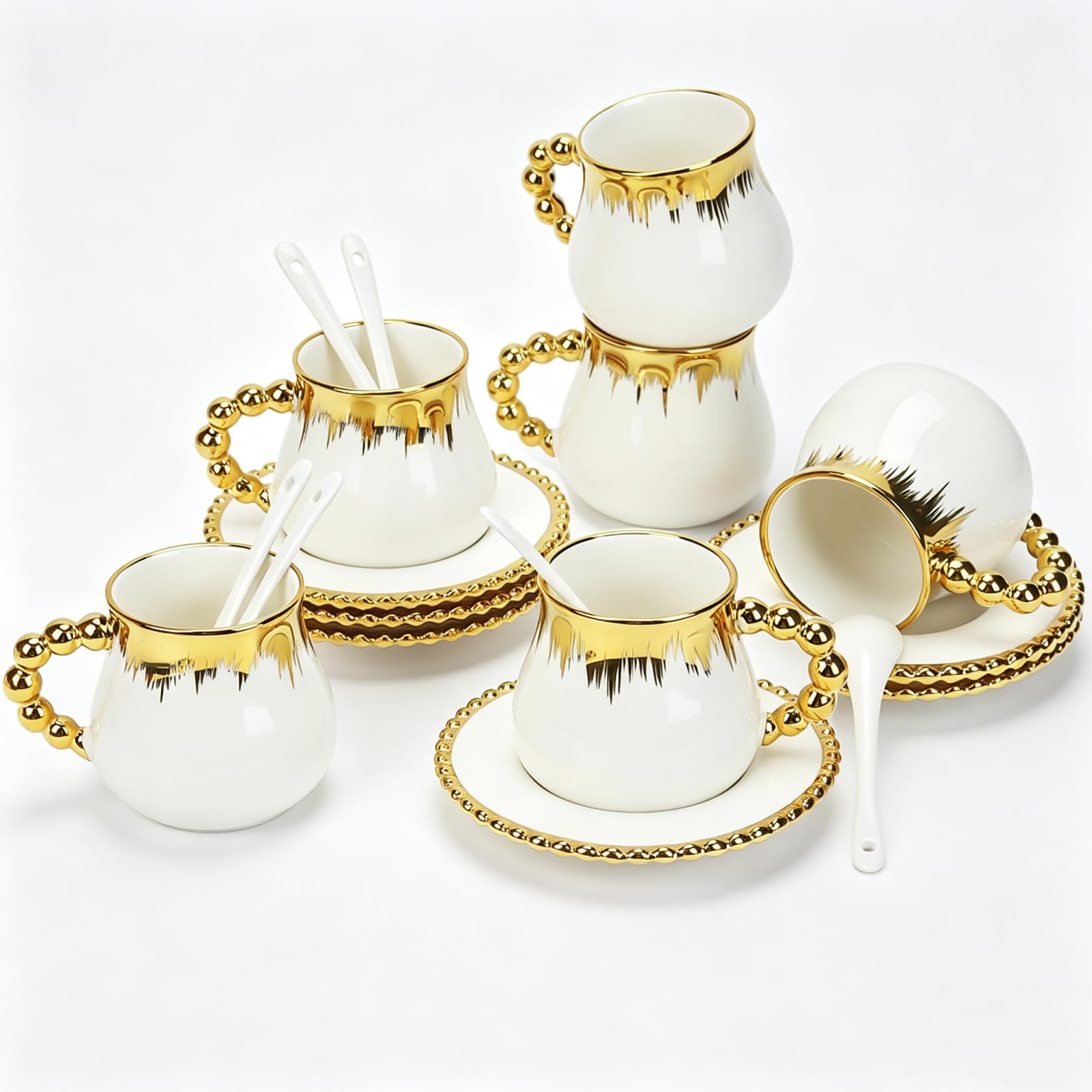 Photo 1 of Hebaogugu Ceramic Coffee Cup and Saucer Set - 8 oz, Gold Trim, Set of 6
