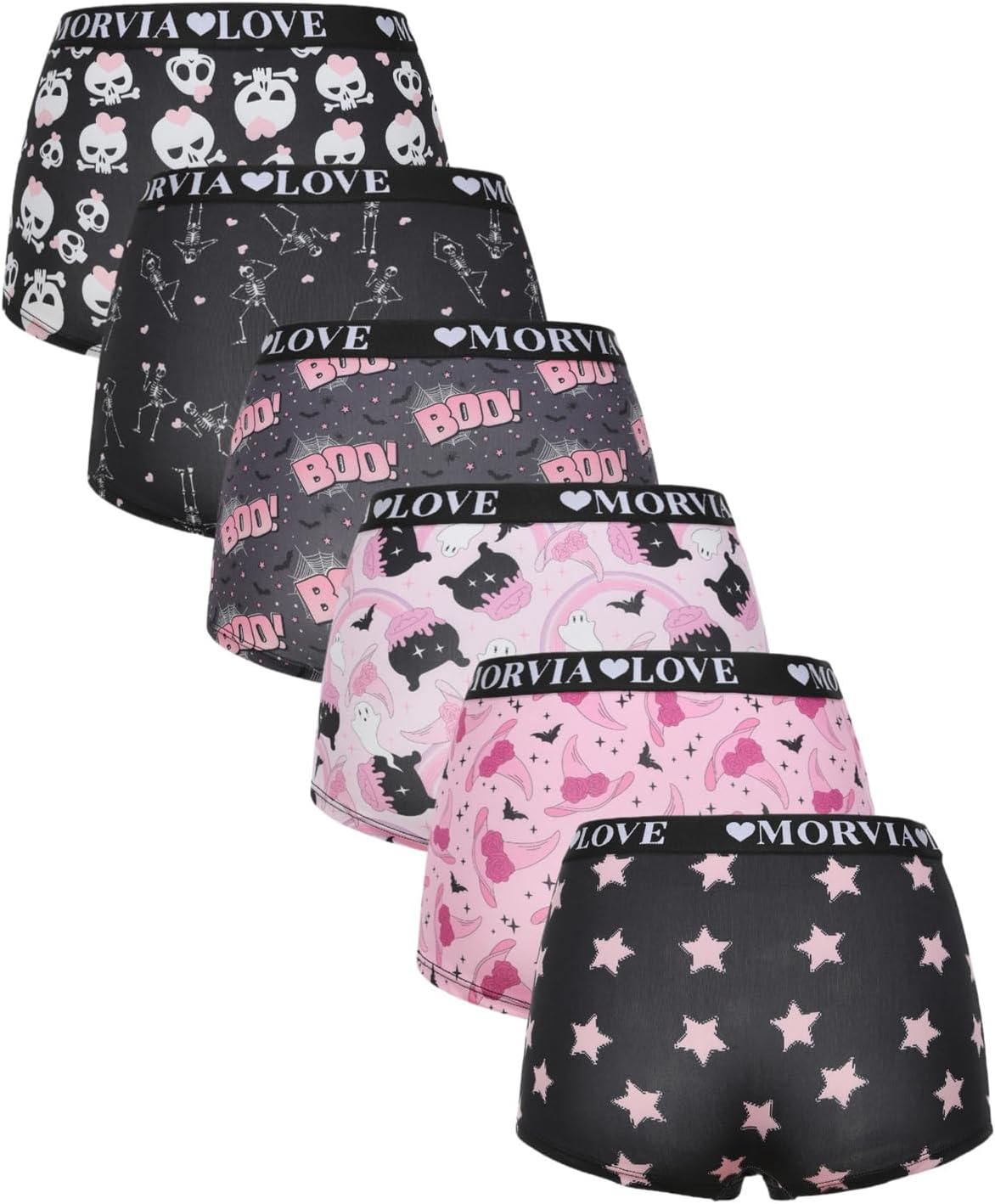 Morvia 6 Pack Gothic Halloween Print Boyshorts, High Waist Variety Underwear with Elastic Band, Skull Rose Stars Pattern - Image 9